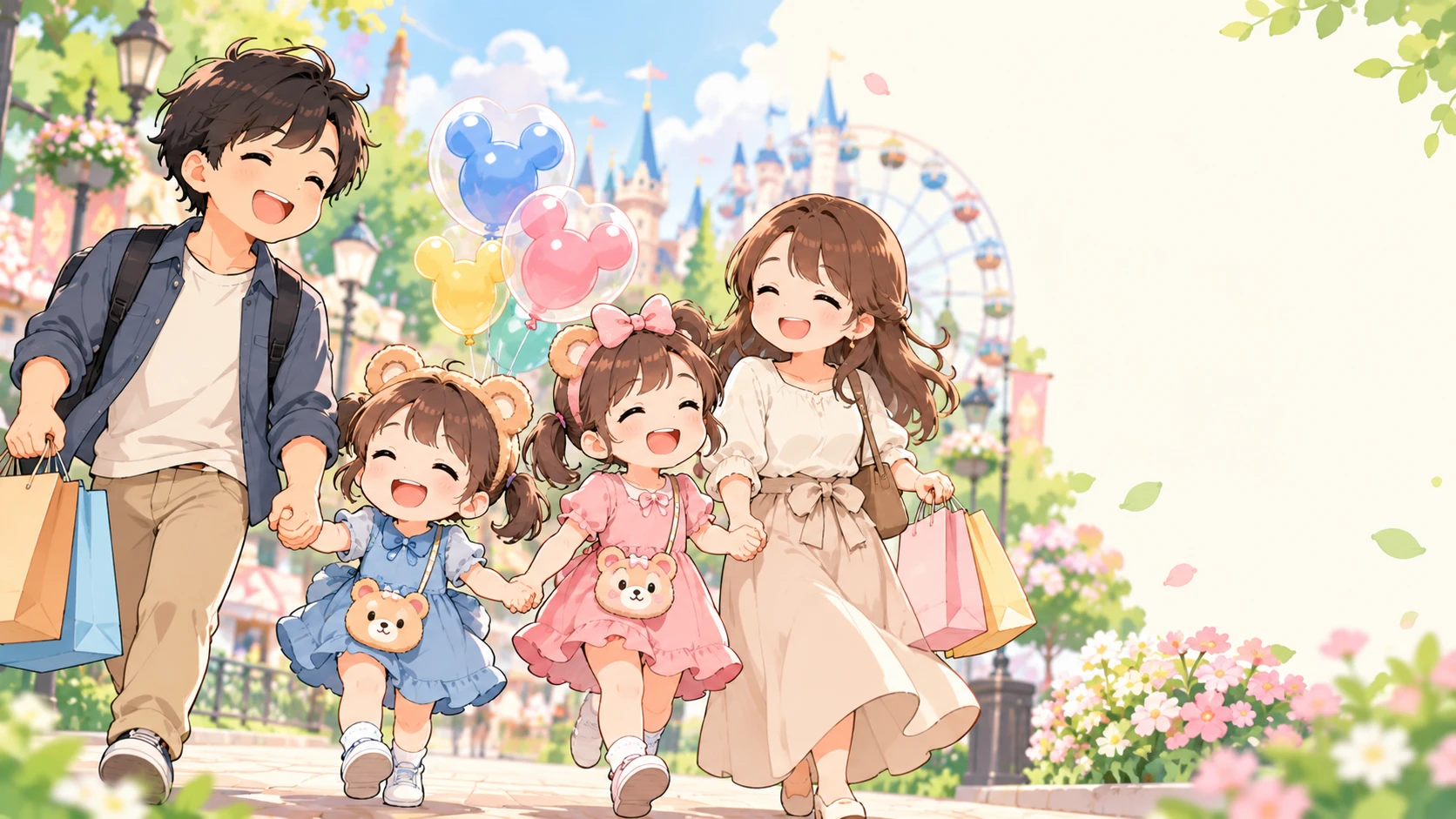 家族4人が遊園地でバルーンを持って手をつなぎ歩いているイラスト