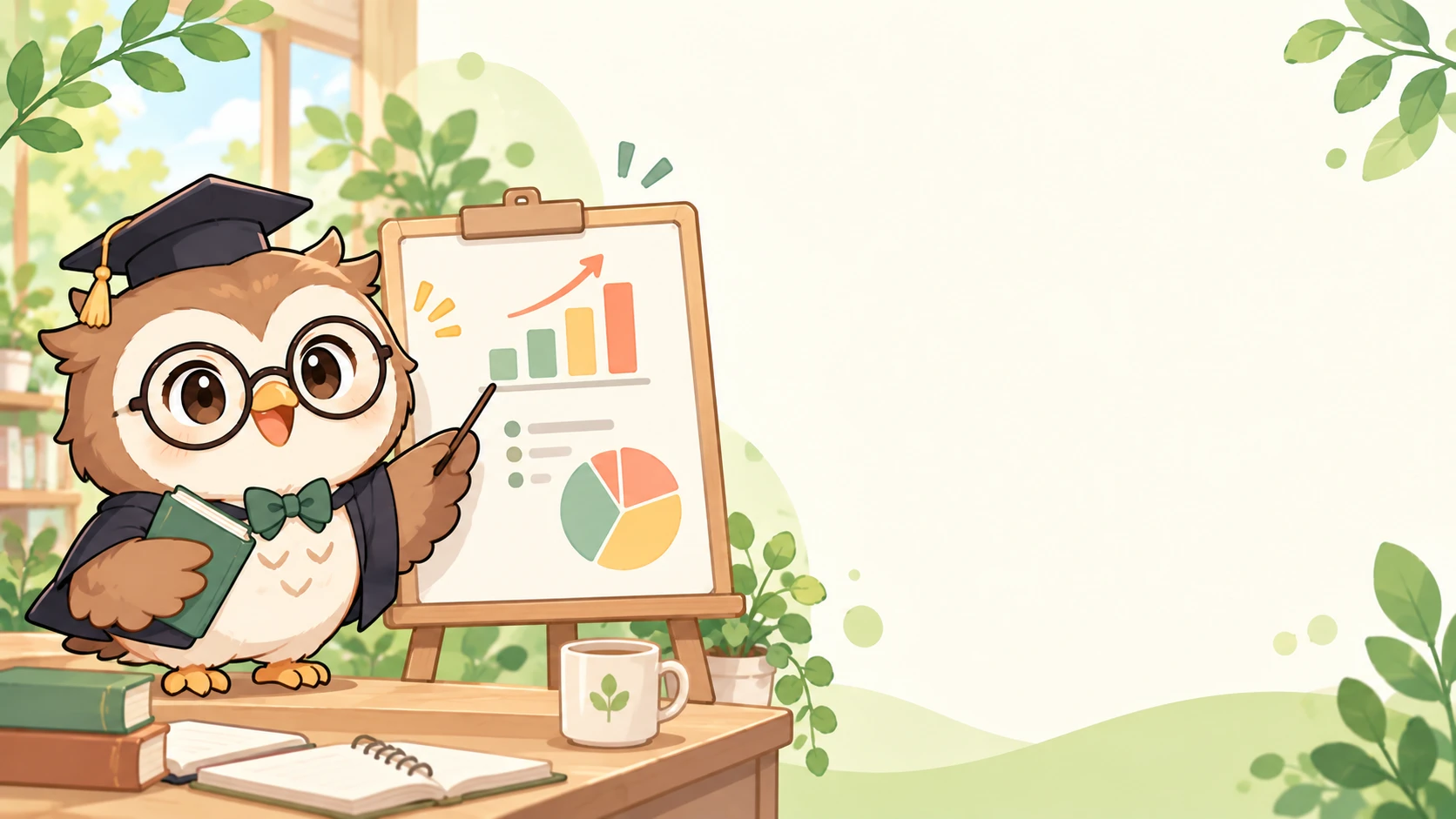 ホワイトボードでグラフを説明するふくろう先生のイラスト