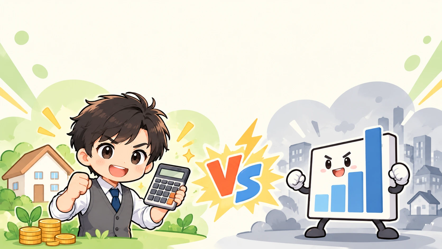 電卓を持つともやんと、棒グラフのキャラクターが対決するVSイラスト