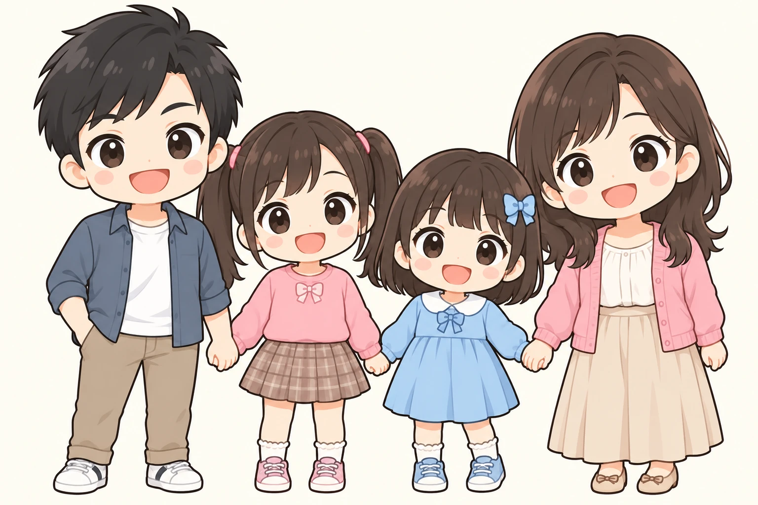 夫・妻・小学4年生の娘・小学1年生の娘、4人家族のちびキャラ風イラスト
