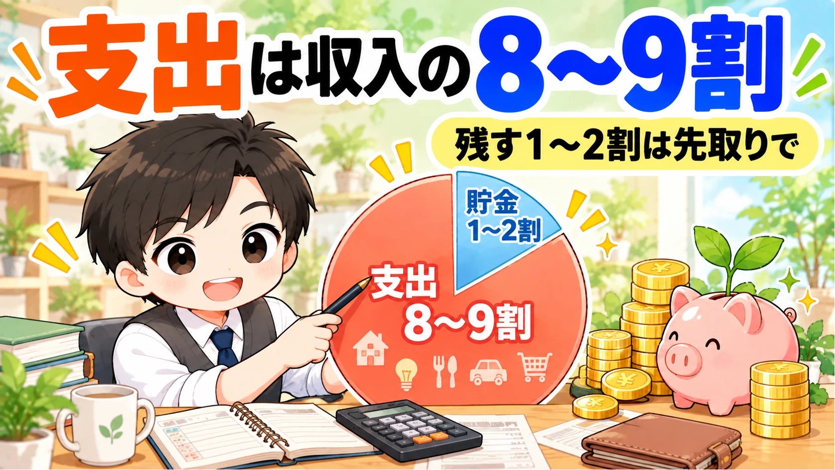 支出は収入の8〜9割。円グラフを指して説明する家計見える化パパのイラスト