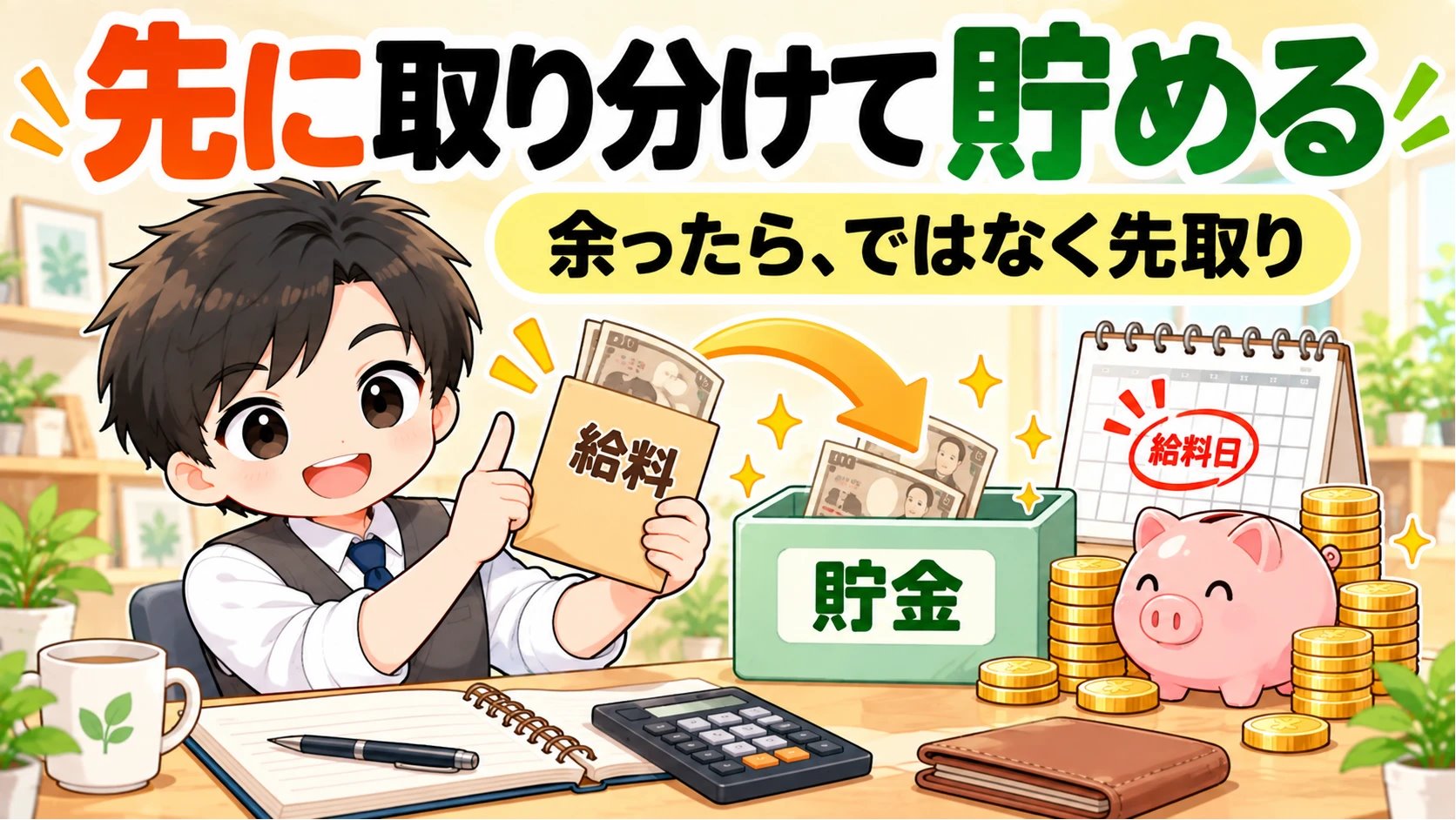 給料袋から貯金の箱へ、先にお金を取り分けて貯める家計見える化パパのイラスト