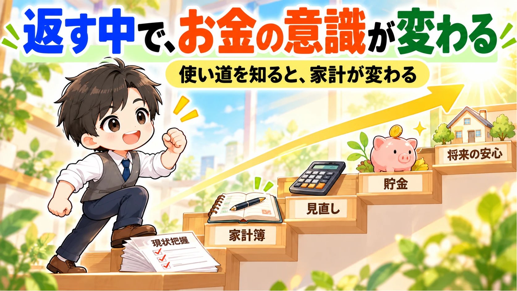 返す中で、お金の意識が変わる。家計簿、見直し、貯金、将来の安心へ階段を上る家計見える化パパのイラスト