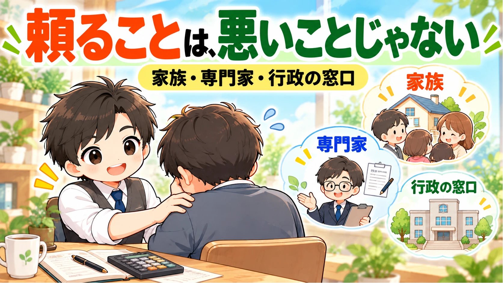 頼ることは悪いことじゃない。家族・専門家・行政の窓口を思い浮かべながら、肩に手を置いて寄り添う家計見える化パパのイラスト