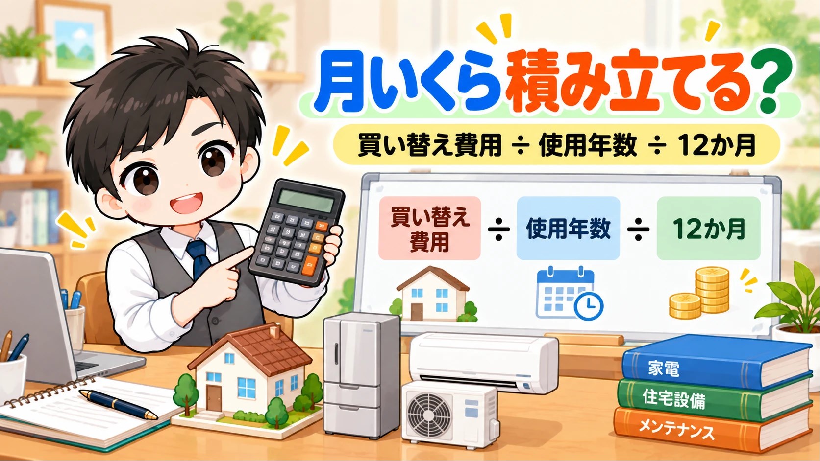 買い替え費用を使用年数と12か月で割って月の積立額を出すイメージ