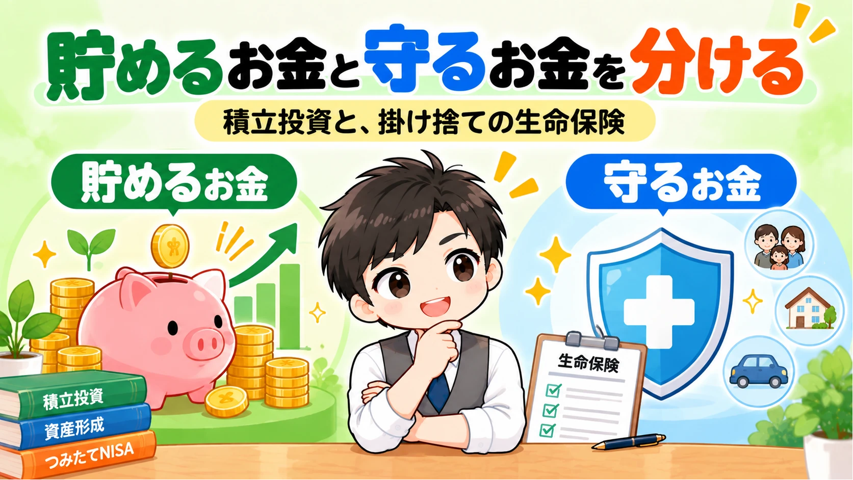 貯めるお金と守るお金を分けて考えるイメージ