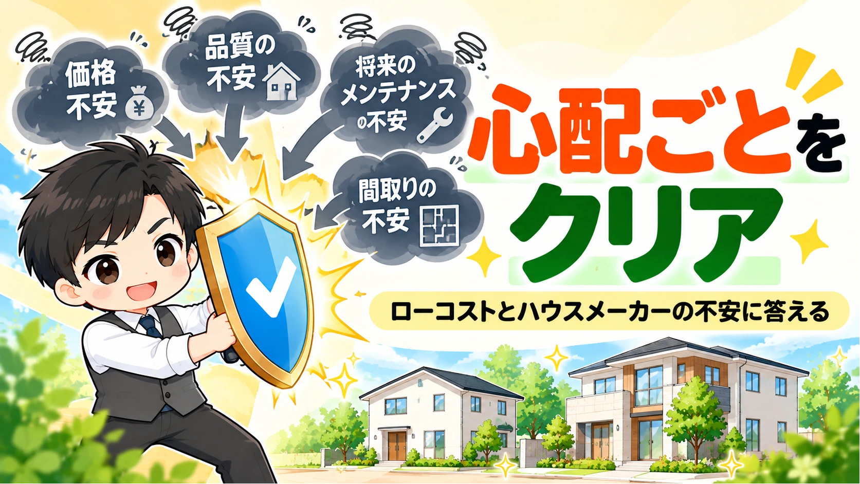 住宅の心配ごとを盾でクリアするイメージ