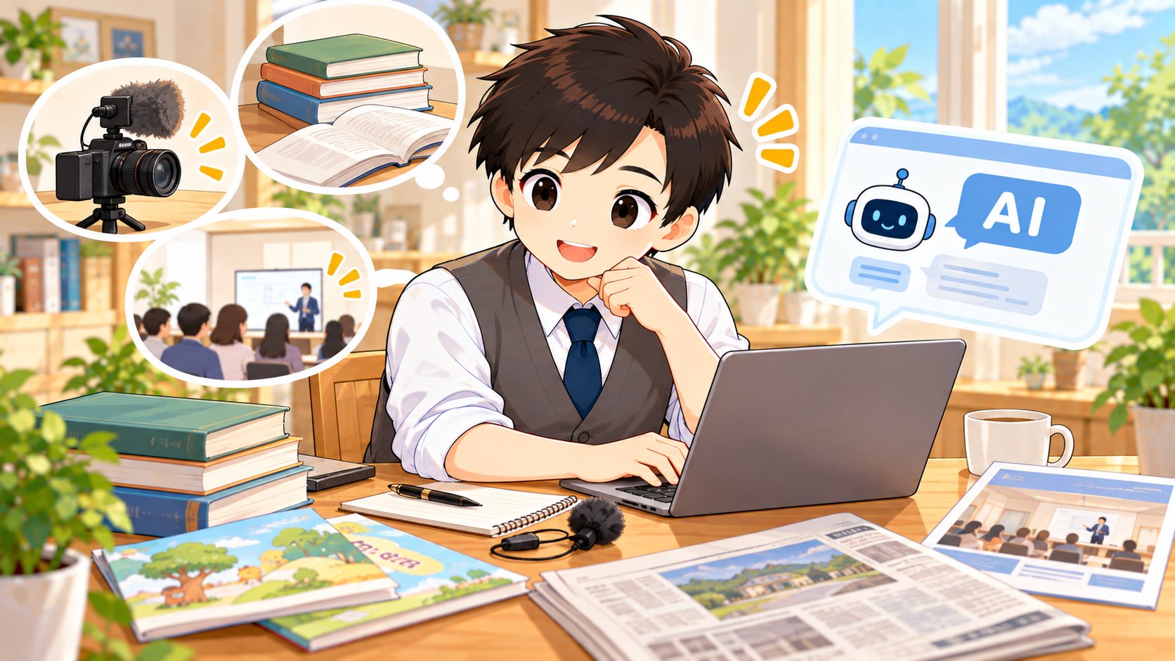 ブログとYouTubeの準備でパソコンとマイクと本に囲まれるともやんのイラスト