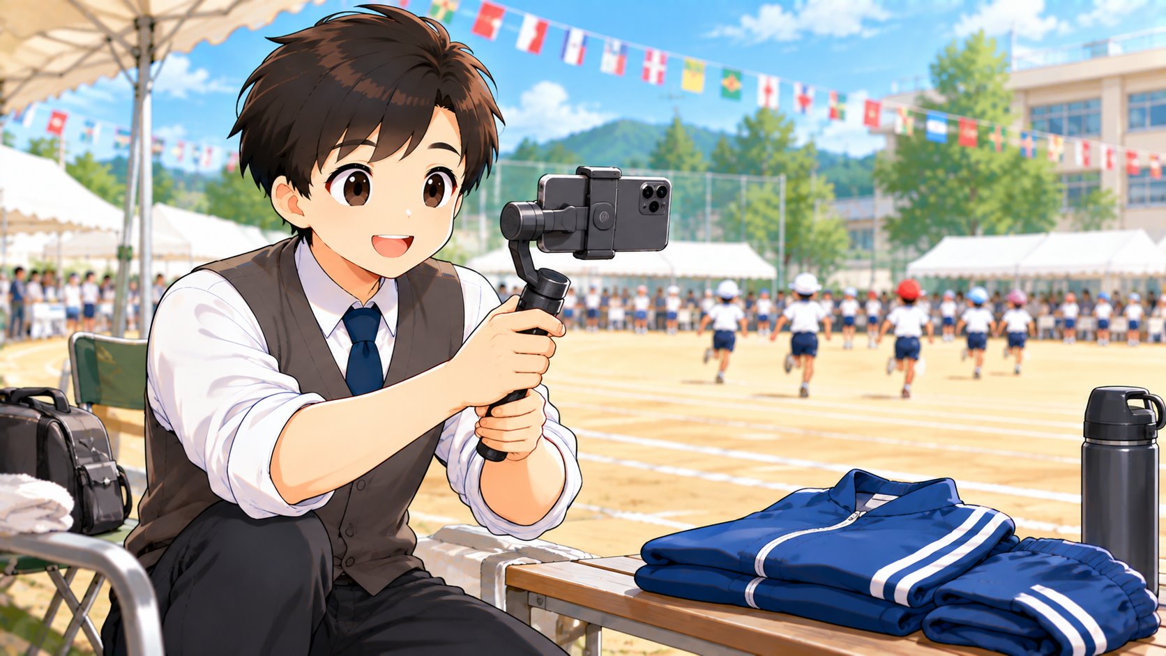運動会の撮影用に買ったジンバルを持つともやんのイラスト
