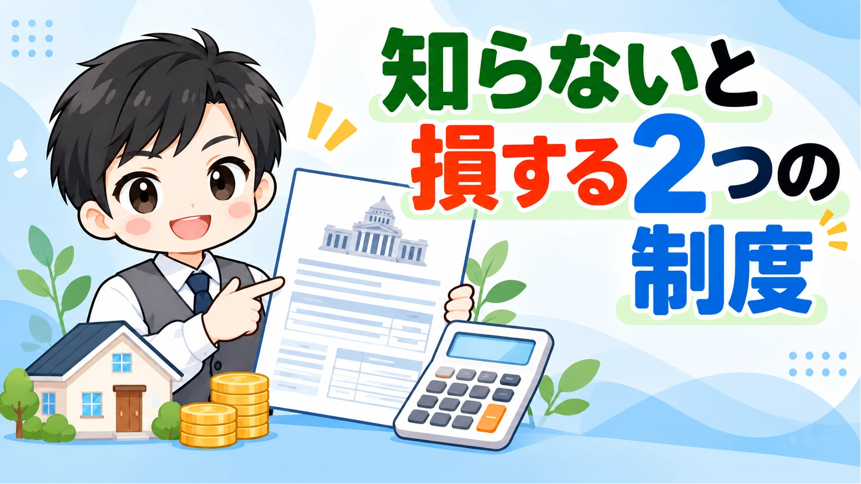 家計見える化パパが奨学金の減額返還制度と返還期限猶予制度を説明しているイラスト