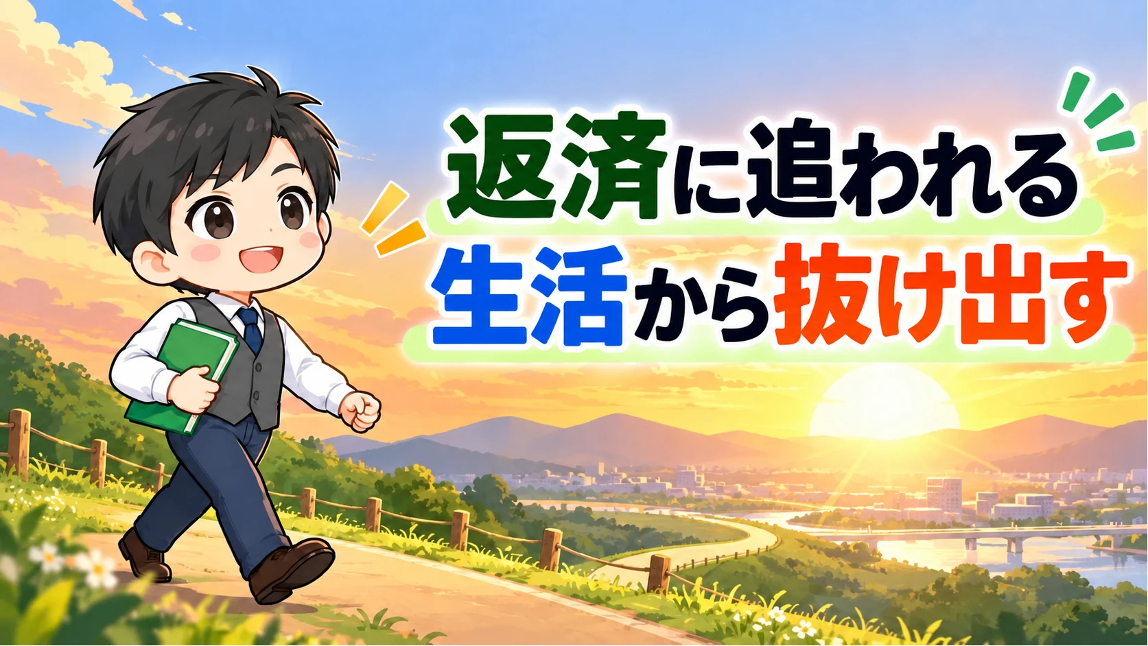 家計見える化パパが夕日に向かって歩いている、返済生活から抜け出すイメージイラスト