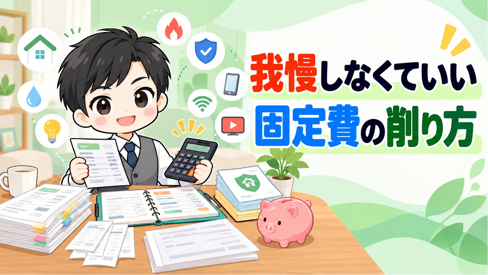 家計見える化パパが保険や通信費などの固定費を整理しているイラスト