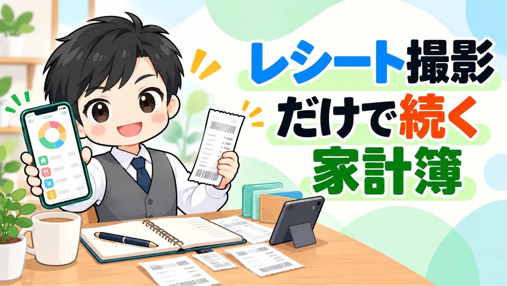 家計見える化パパがスマホの家計簿アプリでレシートを撮影しているイラスト
