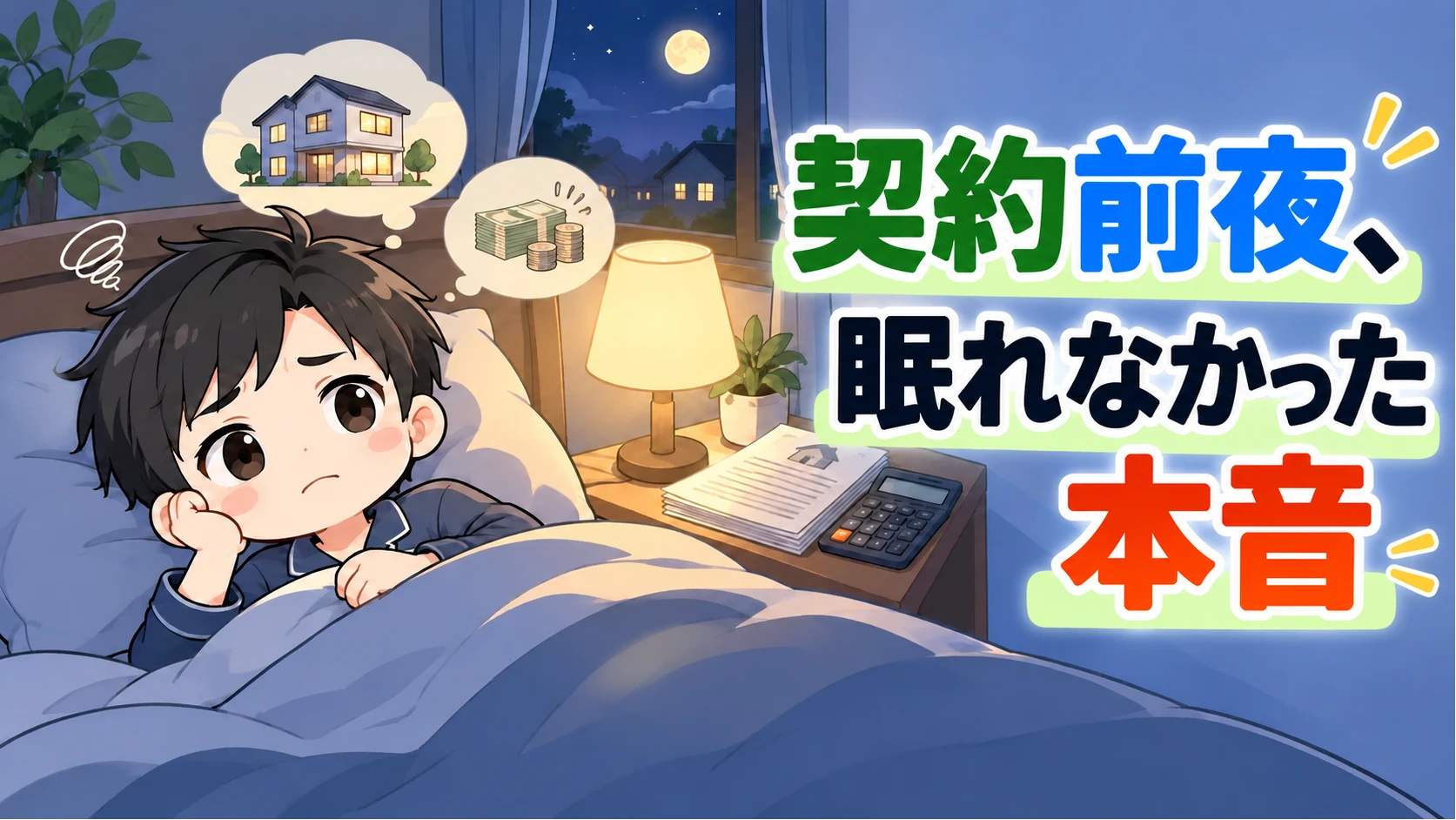 家計見える化パパのキャラクターが夜ベッドで住宅ローンについて不安そうに考えているイラスト