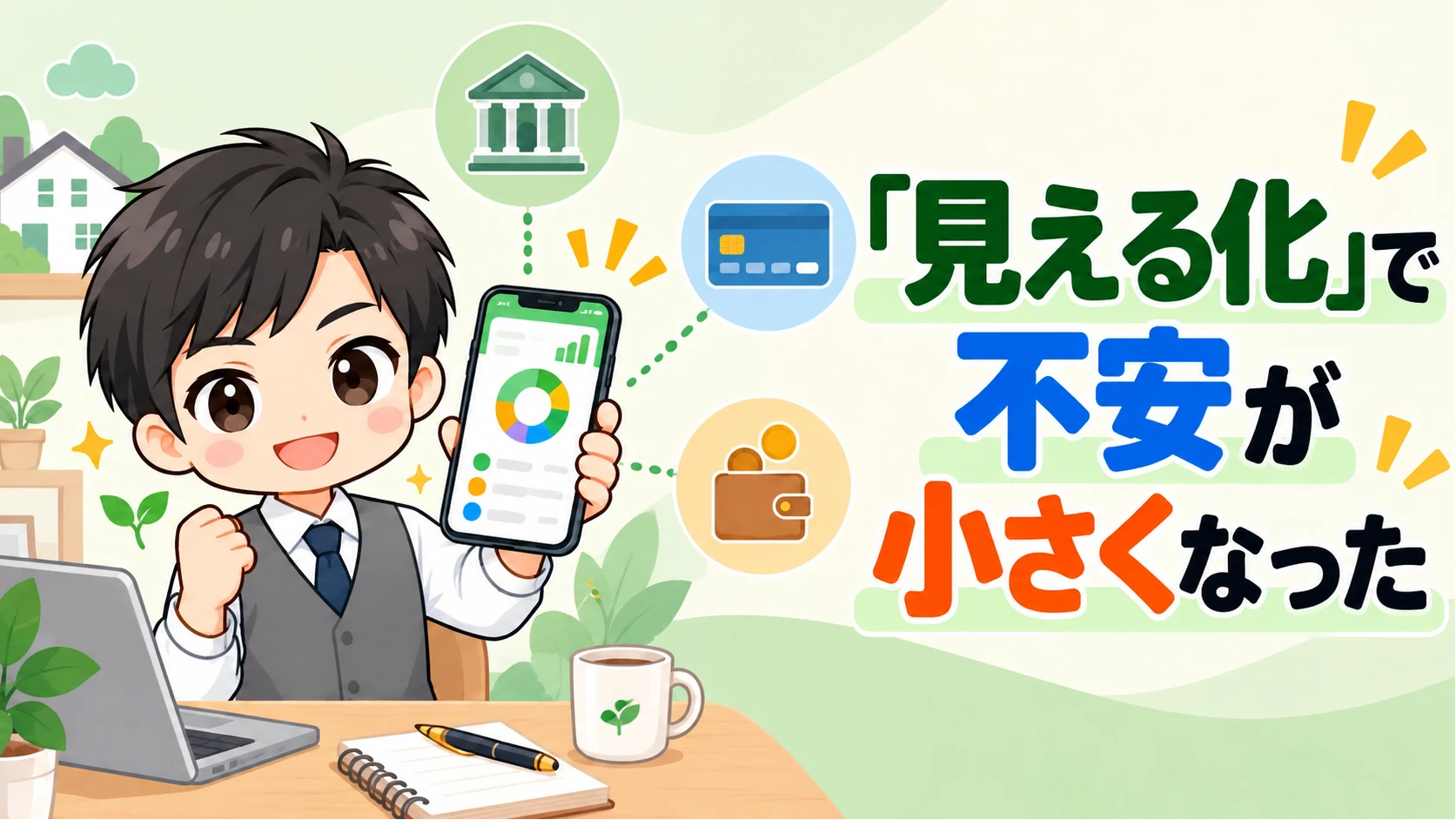 家計見える化パパのキャラクターが家計簿アプリの画面をスマホで見せているイラスト