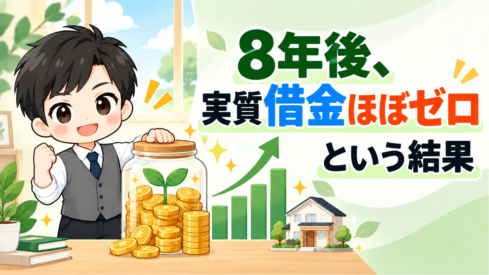 家計見える化パパのキャラクターが成長する貯金瓶と右肩上がりのグラフの横に立っているイラスト