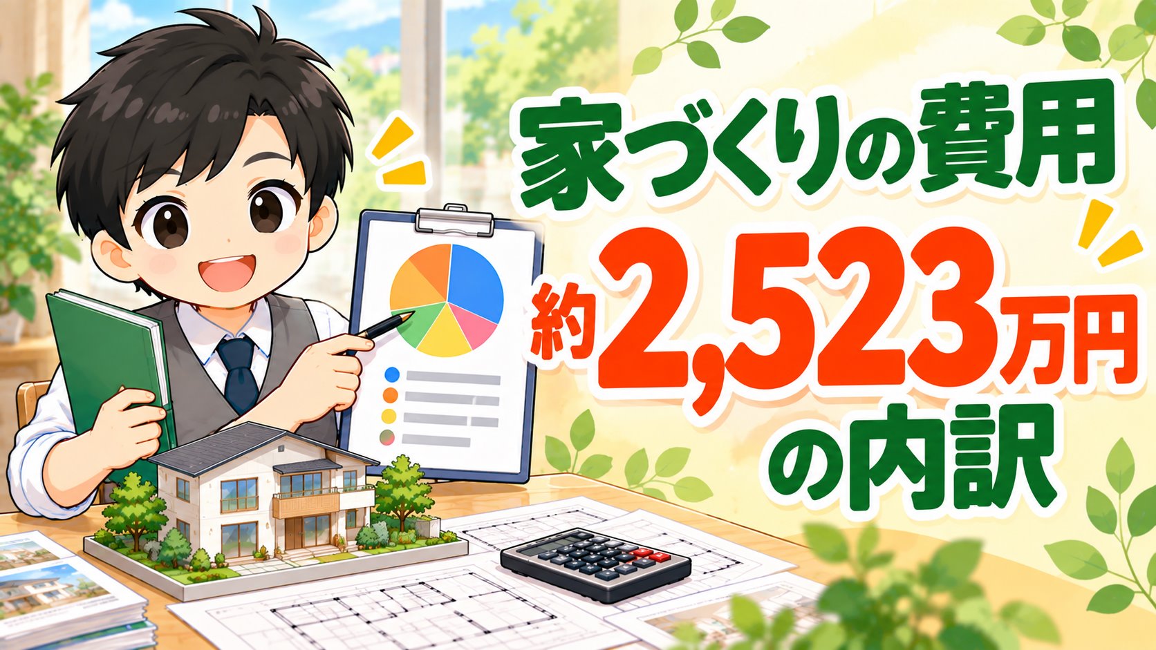 家計見える化パパのキャラクターが注文住宅の費用内訳を示す円グラフを指しているイラスト