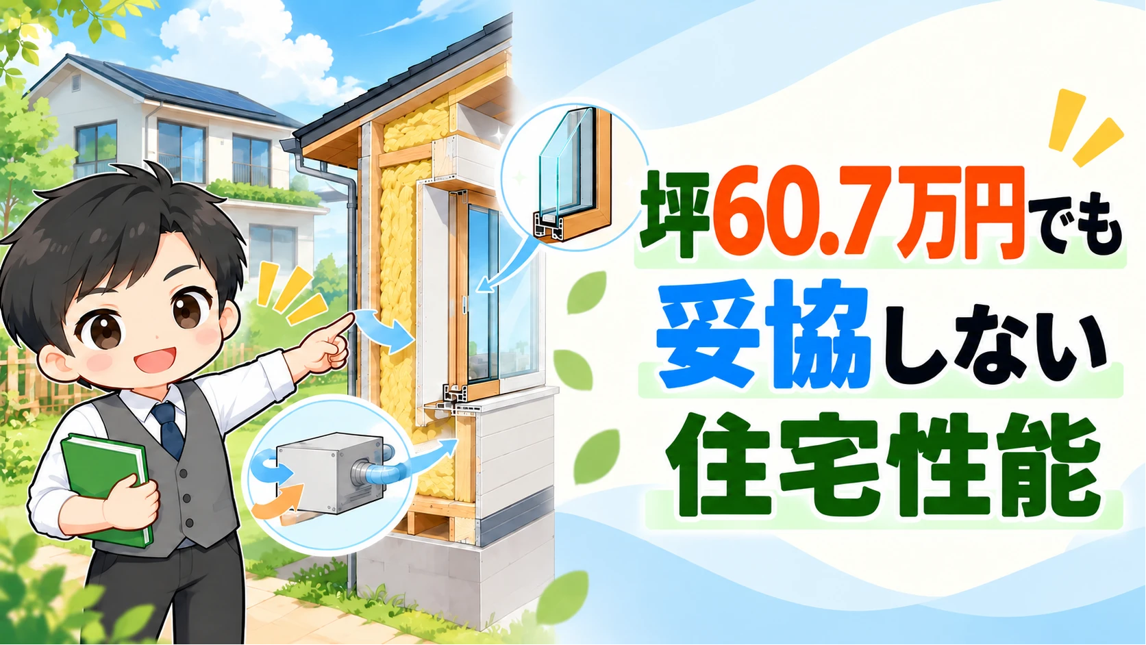 家計見える化パパのキャラクターが住宅の断熱・窓・換気の断面図を説明しているイラスト
