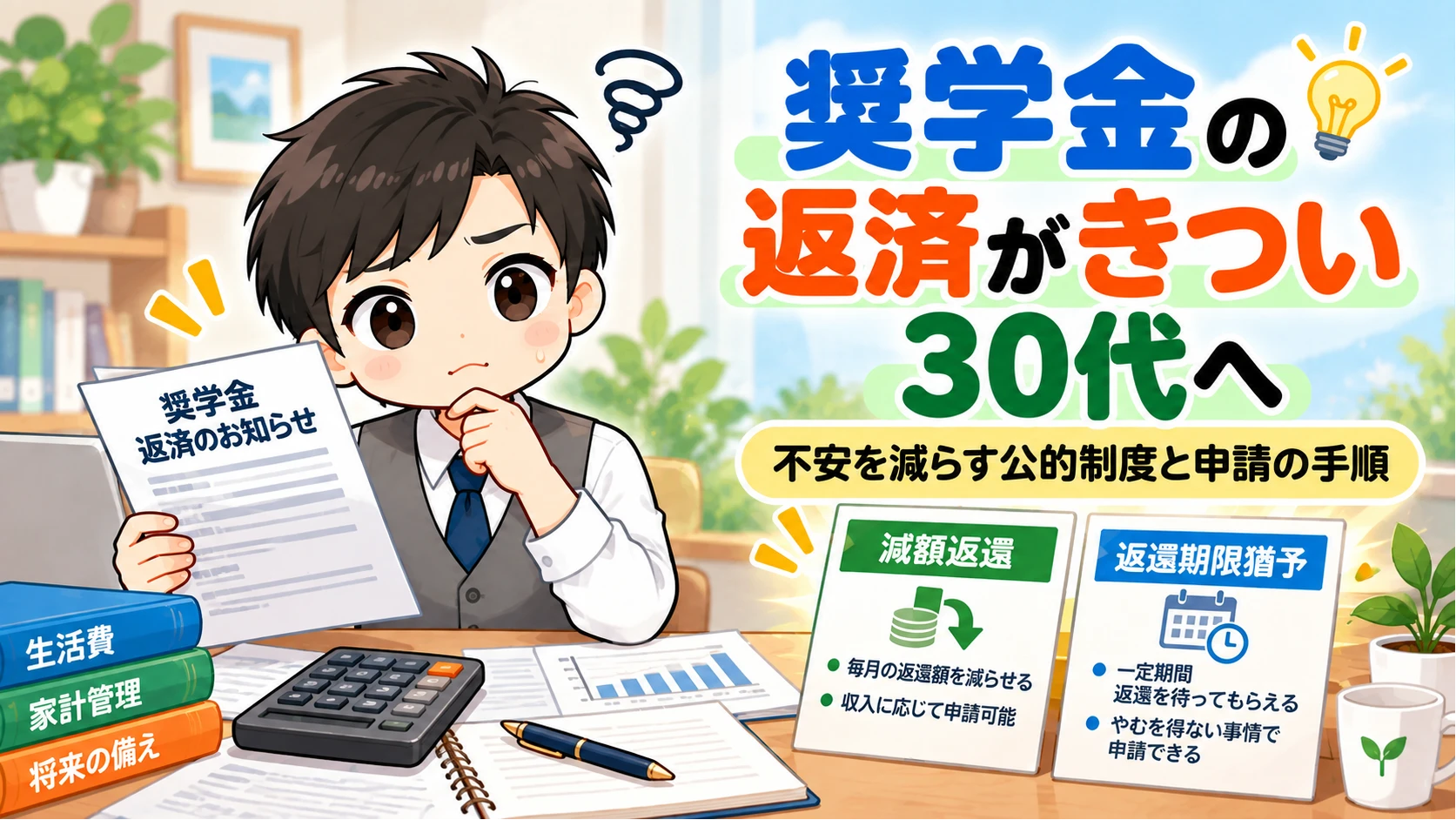 奨学金の返済に悩む男性と、減額返還・返還期限猶予の案内のイラスト