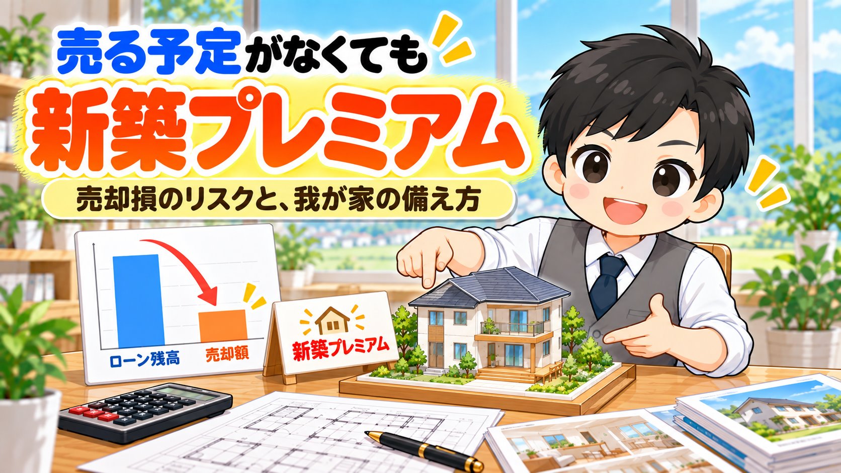 新築プレミアムと売却損のリスクを説明するともやんのイラスト