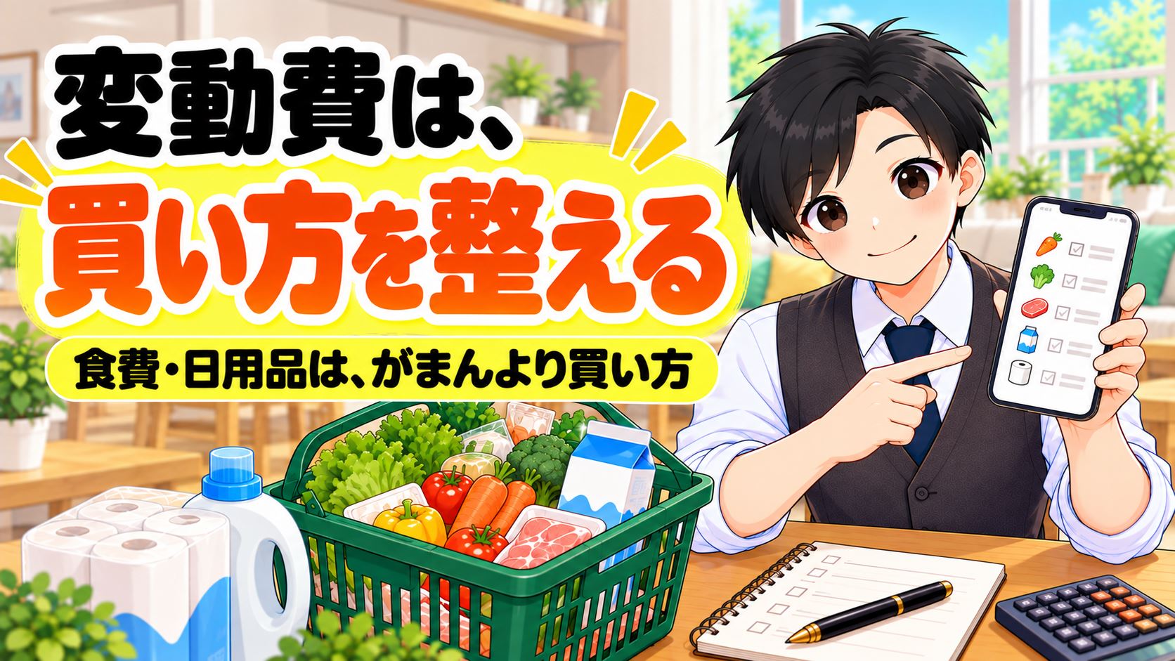 買い物リストのスマホを見せるともやんと、野菜の入った買い物かご、日用品のイラスト