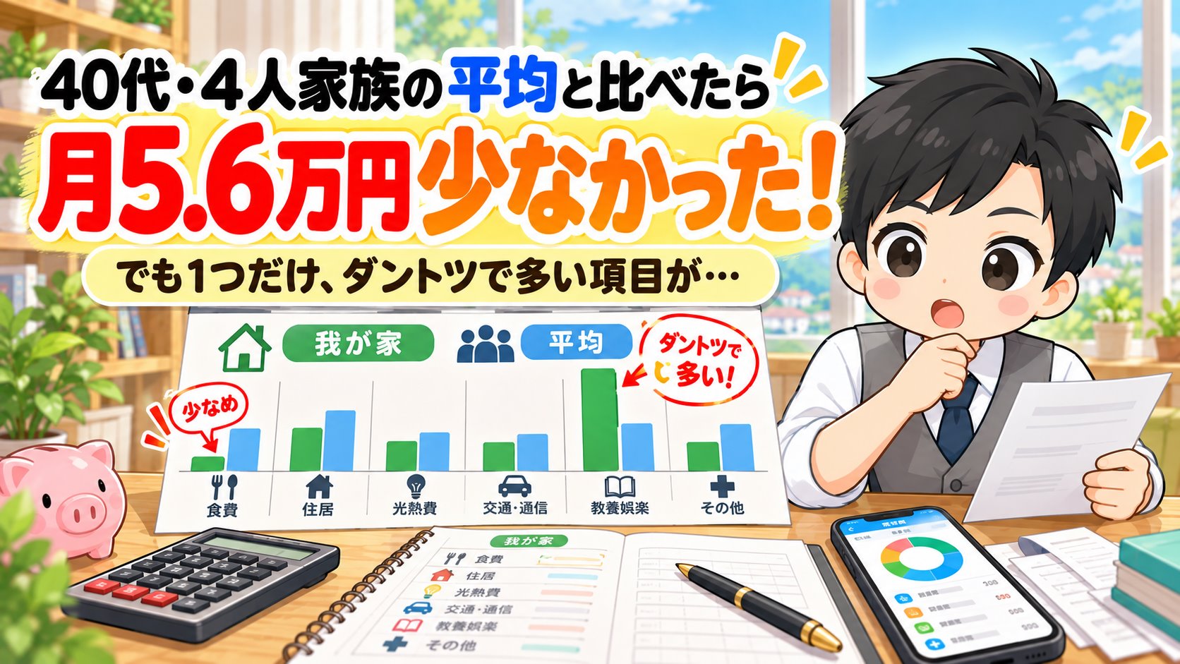 40代・4人家族の平均と比べたら月5.6万円少なかったことを驚くともやんのイラスト