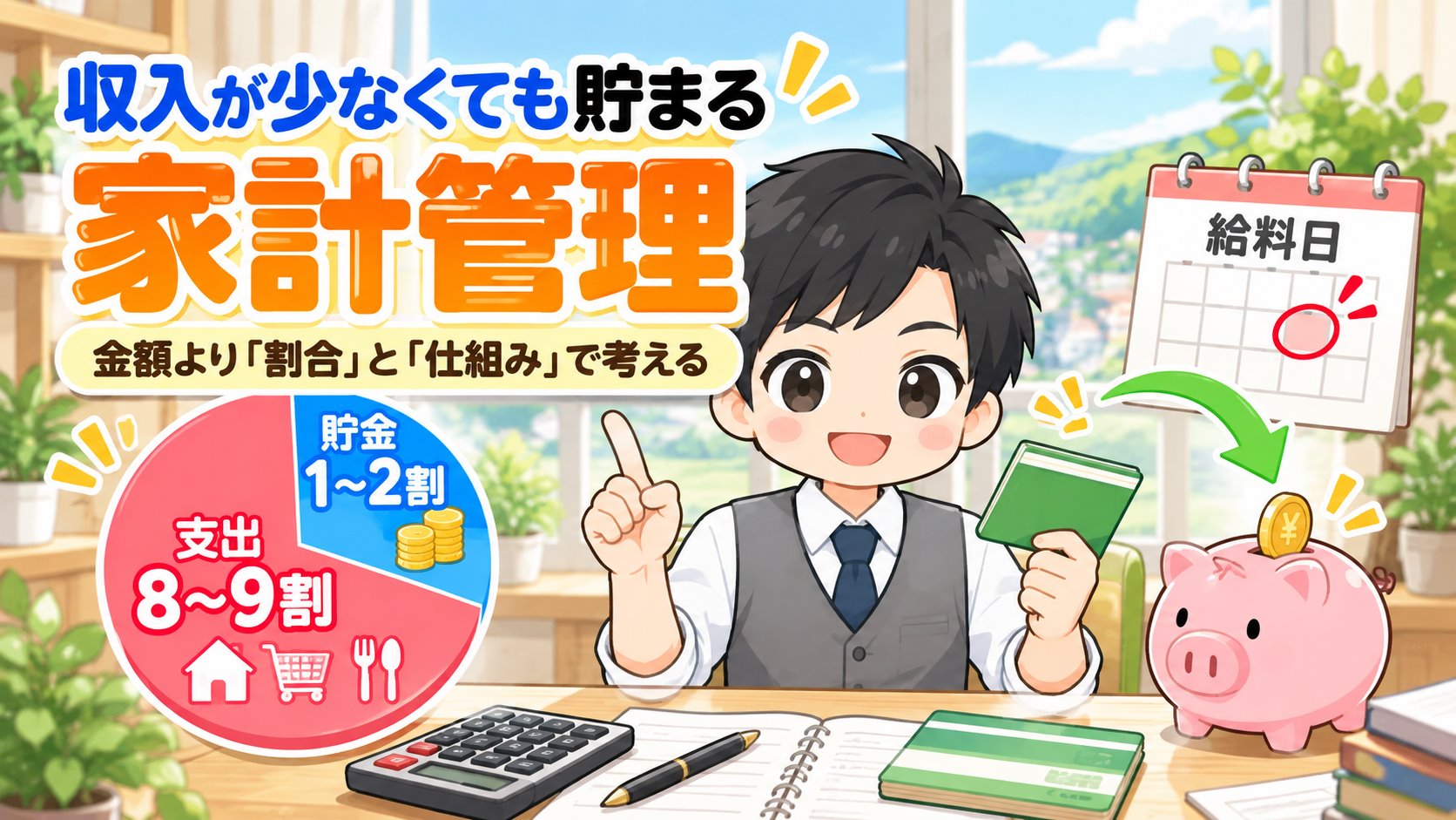 収入が少なくても貯まる家計管理を説明するともやんのイラスト