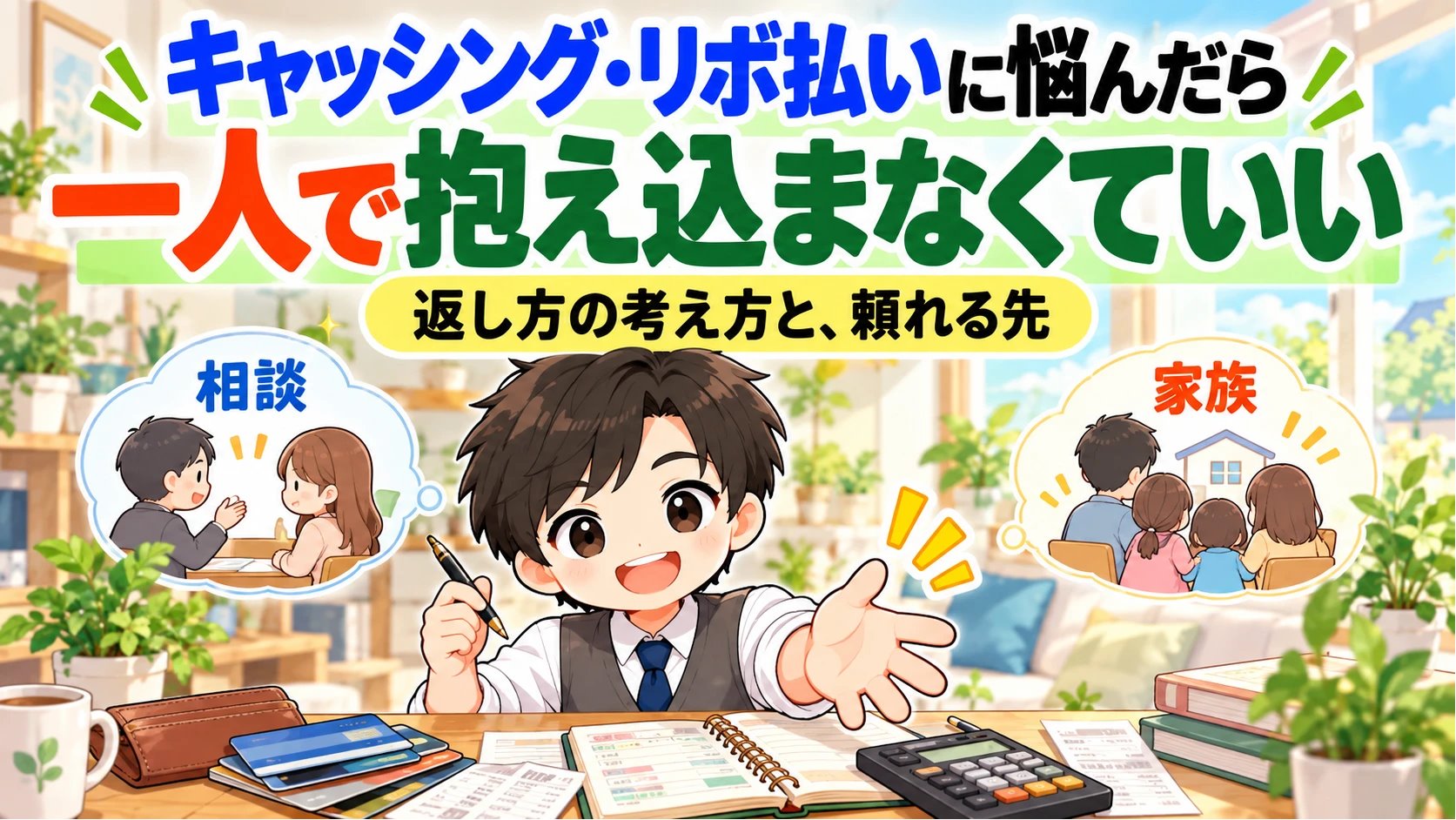 キャッシング・リボ払いに悩んだら、一人で抱え込まなくていい。相談と家族を思い浮かべながら手を差し伸べる家計見える化パパのイラスト