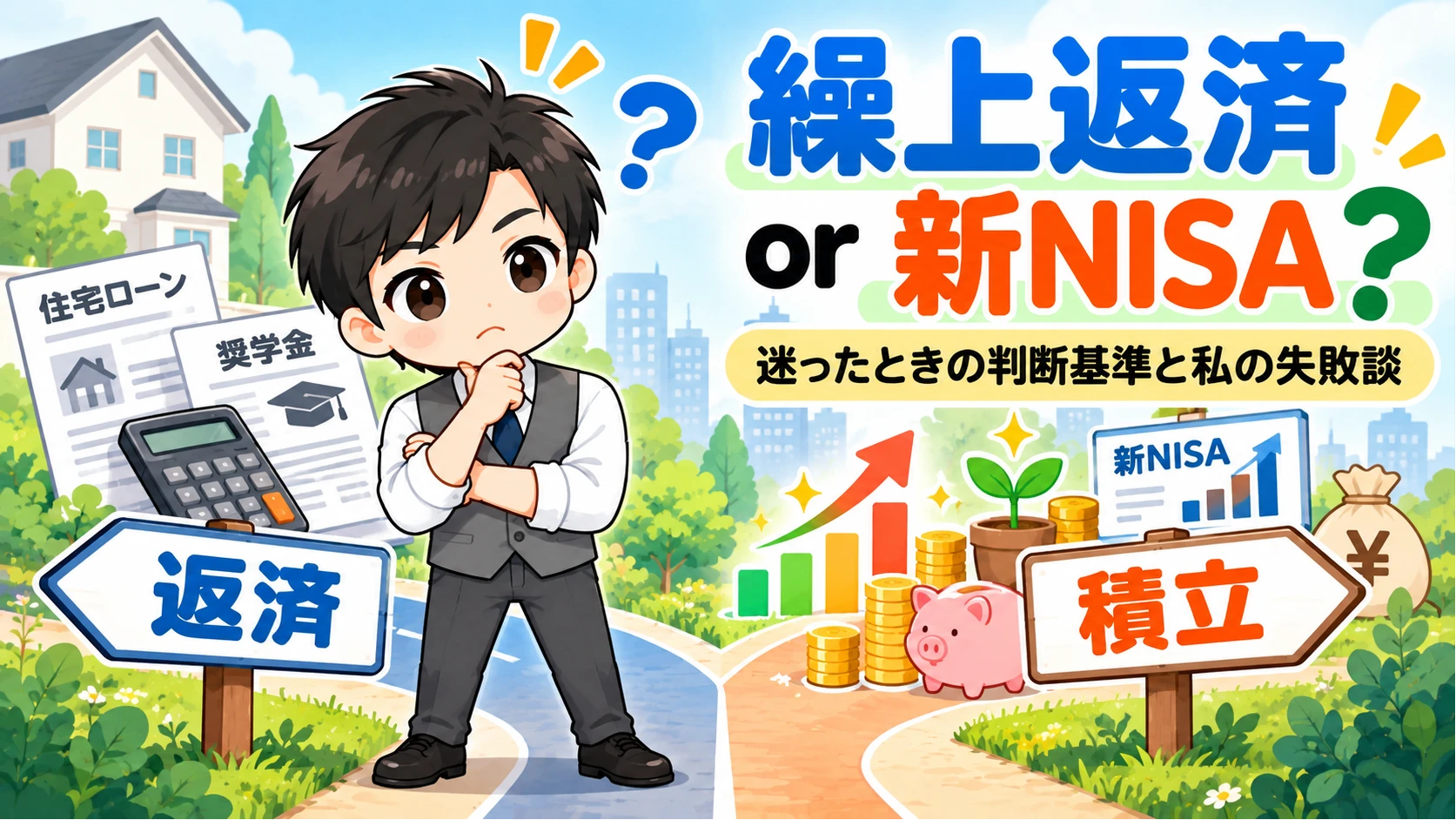 奨学金は繰上返済か新NISAか迷う男性のイラスト