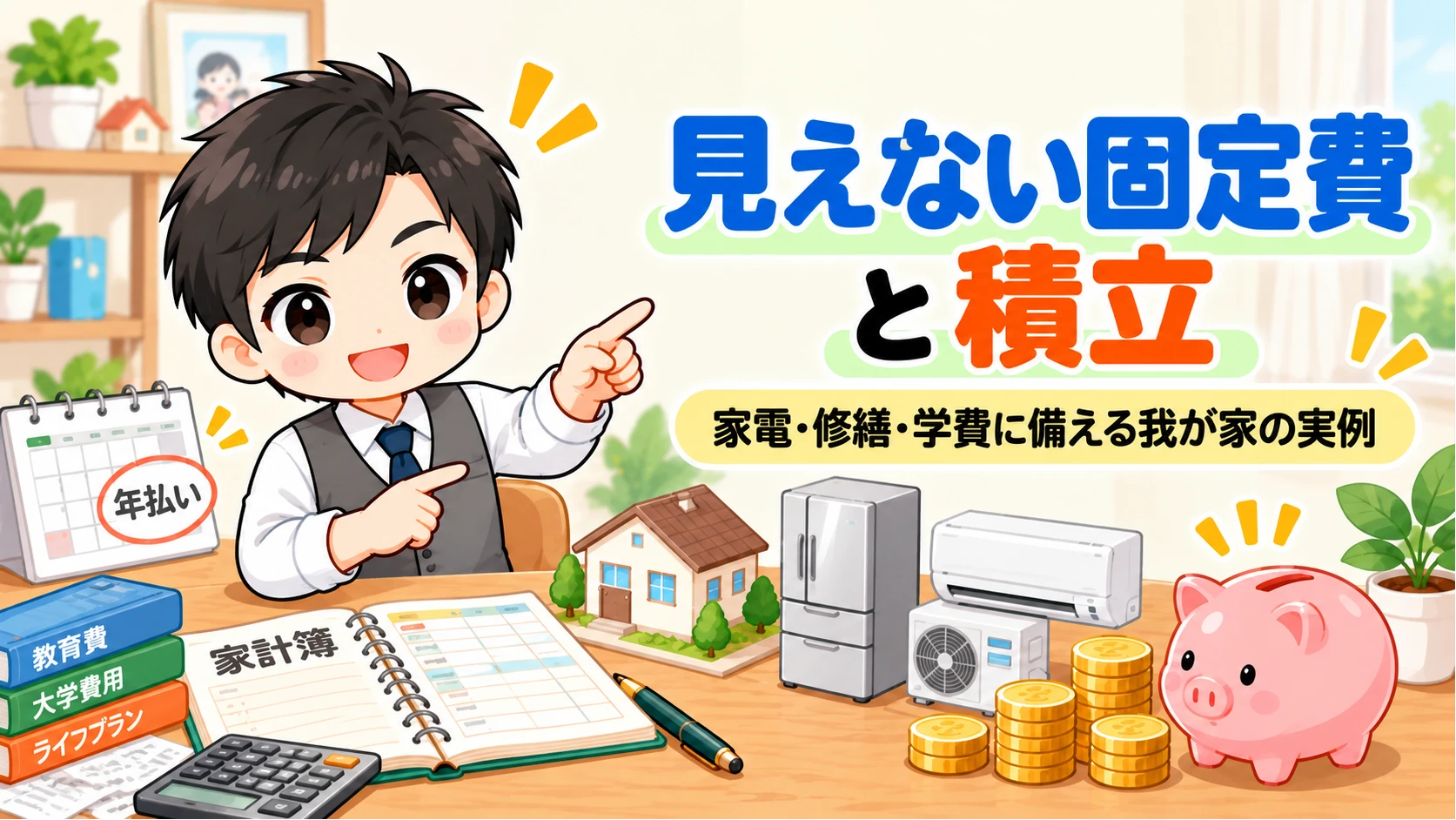 見えない固定費と積立を家計簿で見える化するイメージ
