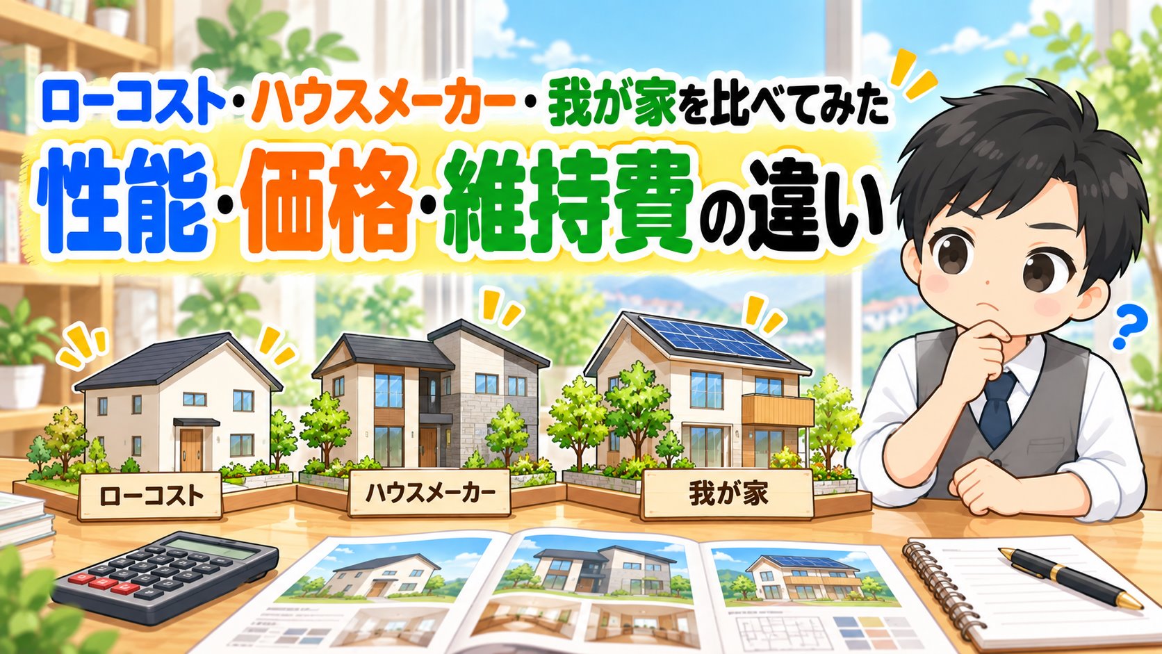ローコスト住宅とハウスメーカーと我が家の、性能・価格・維持費の違いを比べるともやんのイラスト