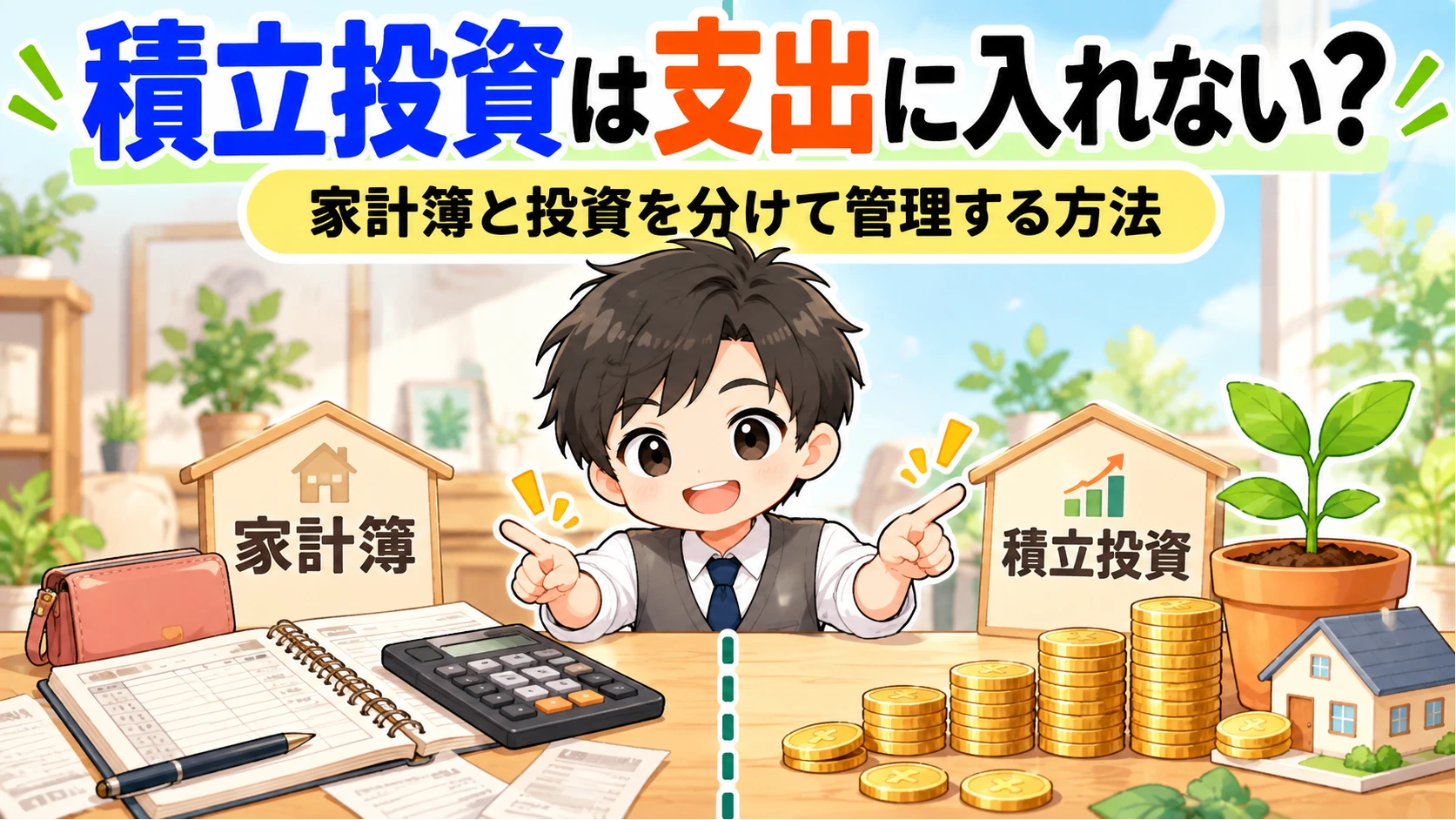 家計簿と積立投資を左右に分けて、仕切り線を指さす家計見える化パパのイラスト