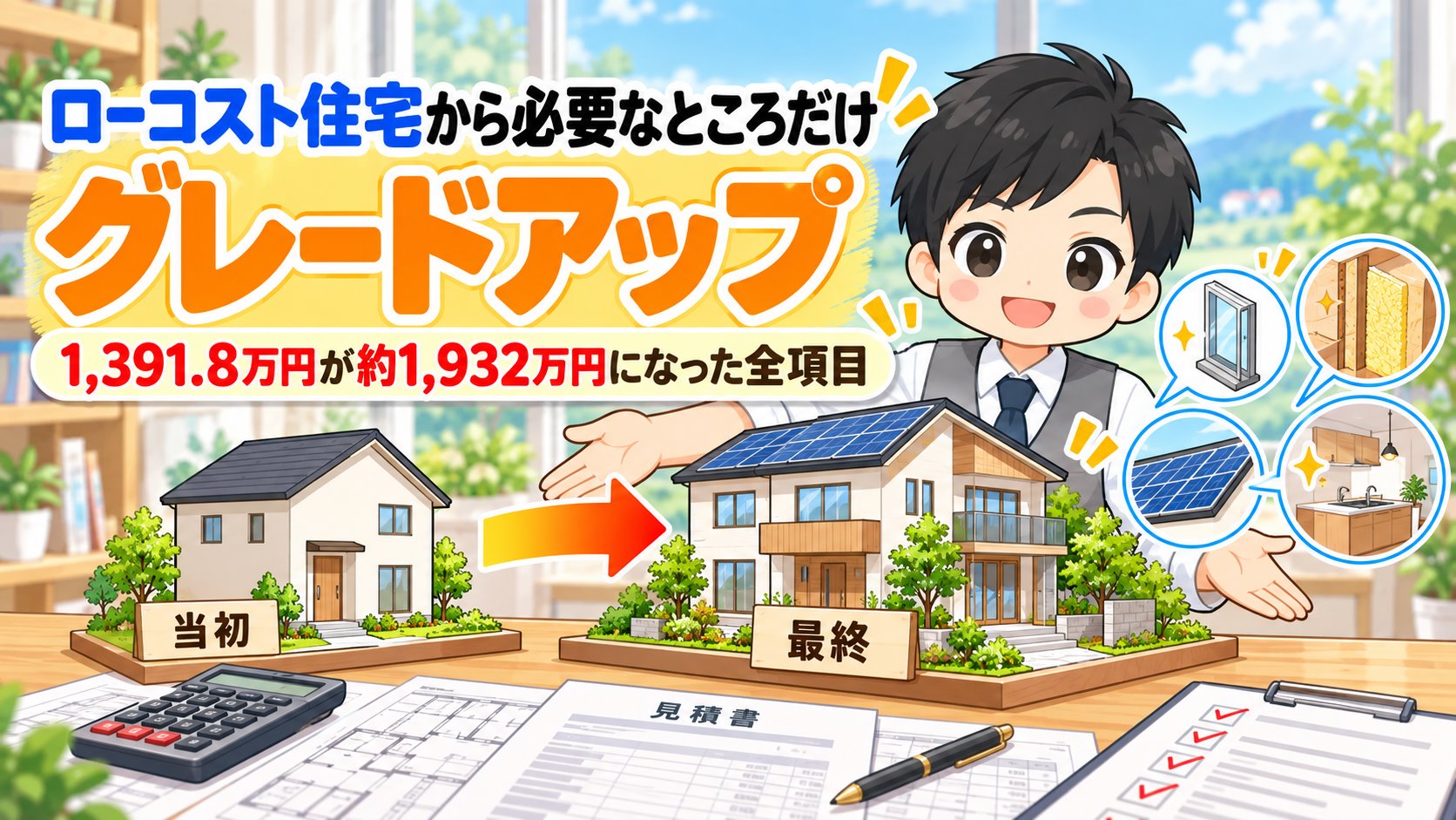 ローコスト住宅から必要なところだけグレードアップした全項目を説明するともやんのイラスト