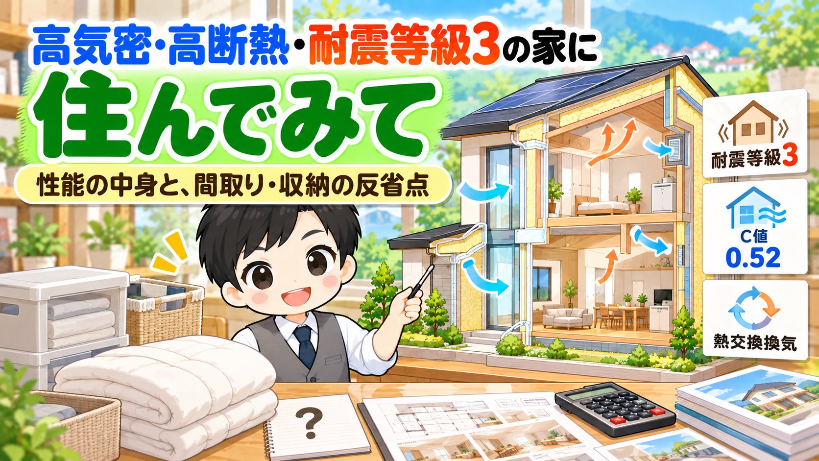 高気密・高断熱・耐震等級3の家に住んでみた感想を説明するともやんのイラスト