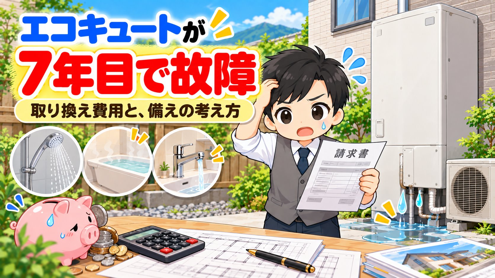 エコキュートが7年目で故障して請求書に困るともやんのイラスト