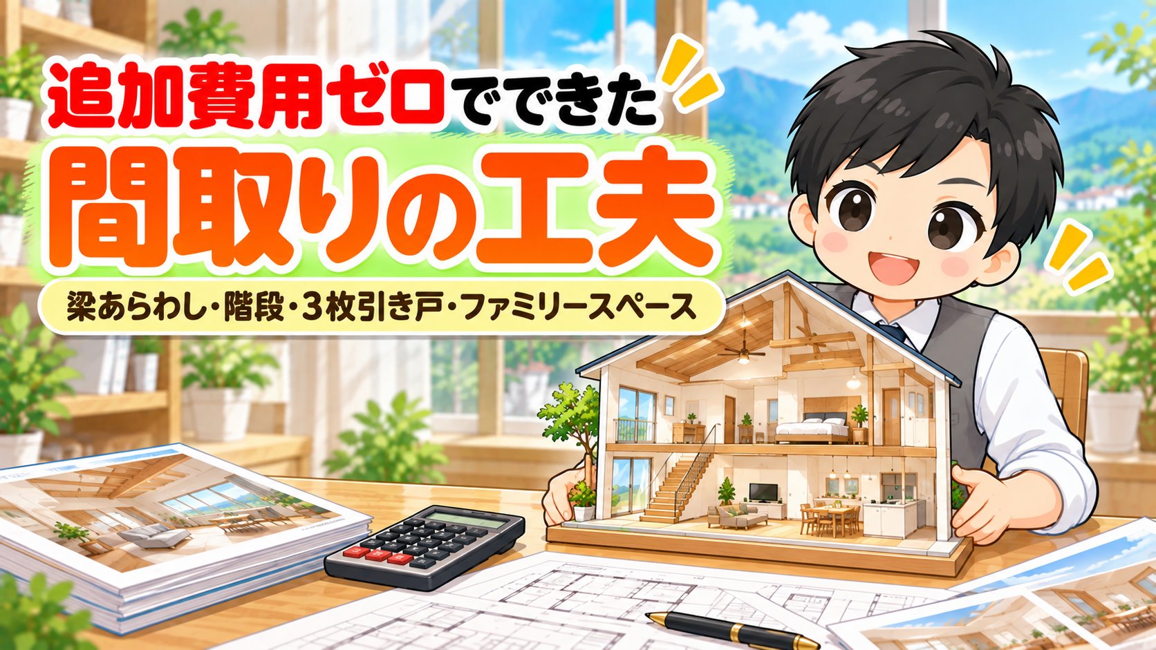 追加費用ゼロでできた間取りの工夫を家の模型で説明するともやんのイラスト