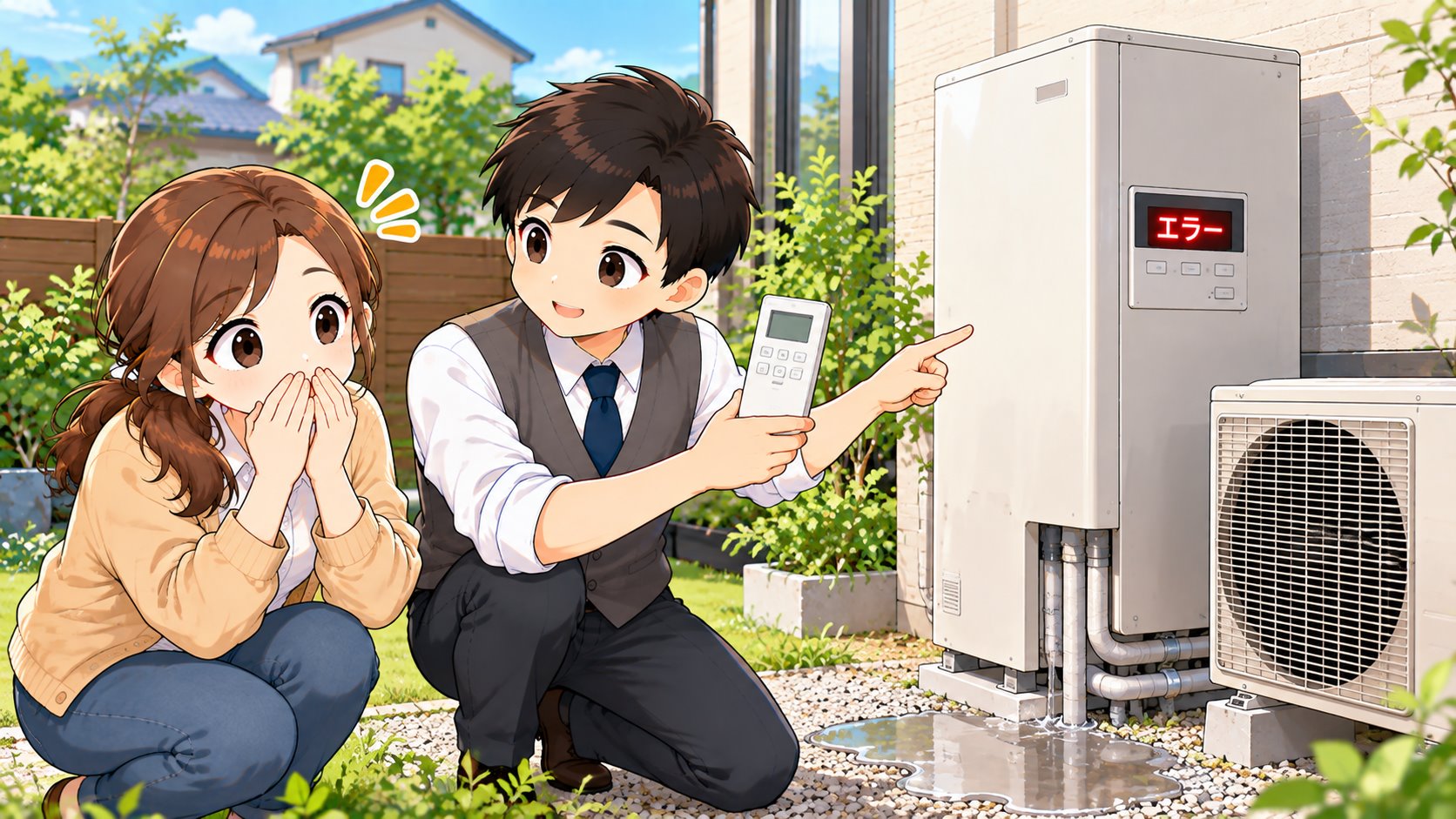 エコキュートのエラー表示にあわてるひなたと、リセットボタンを指さして説明するともやんのイラスト