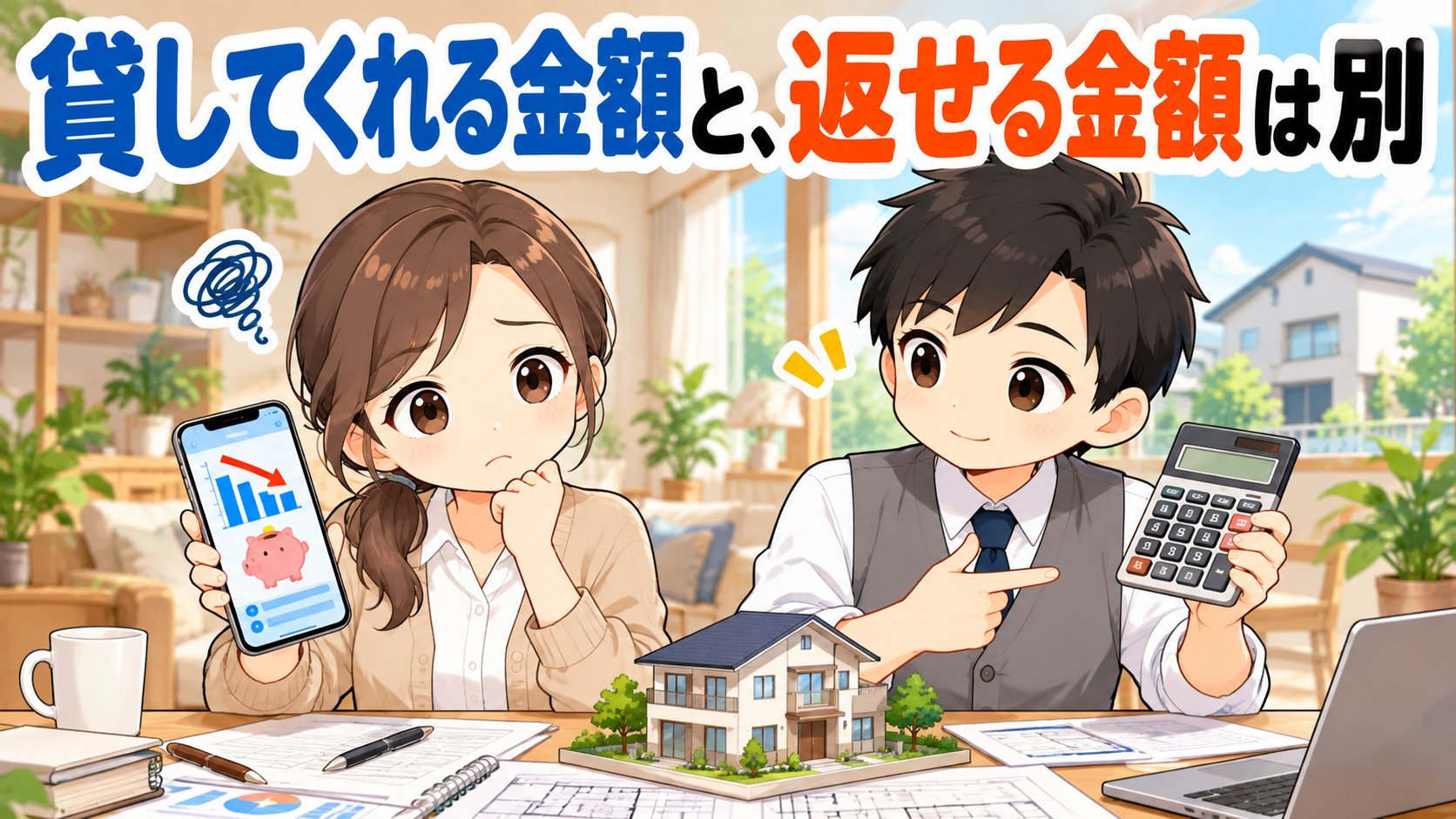 家計アプリを見て困るひなたと、電卓を見せるともやんのイラスト