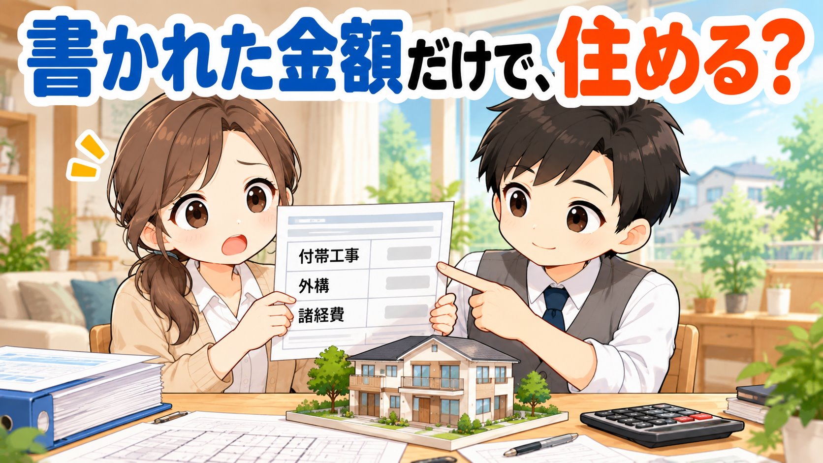 見積書を見て驚くひなたと、項目を指さすともやんのイラスト