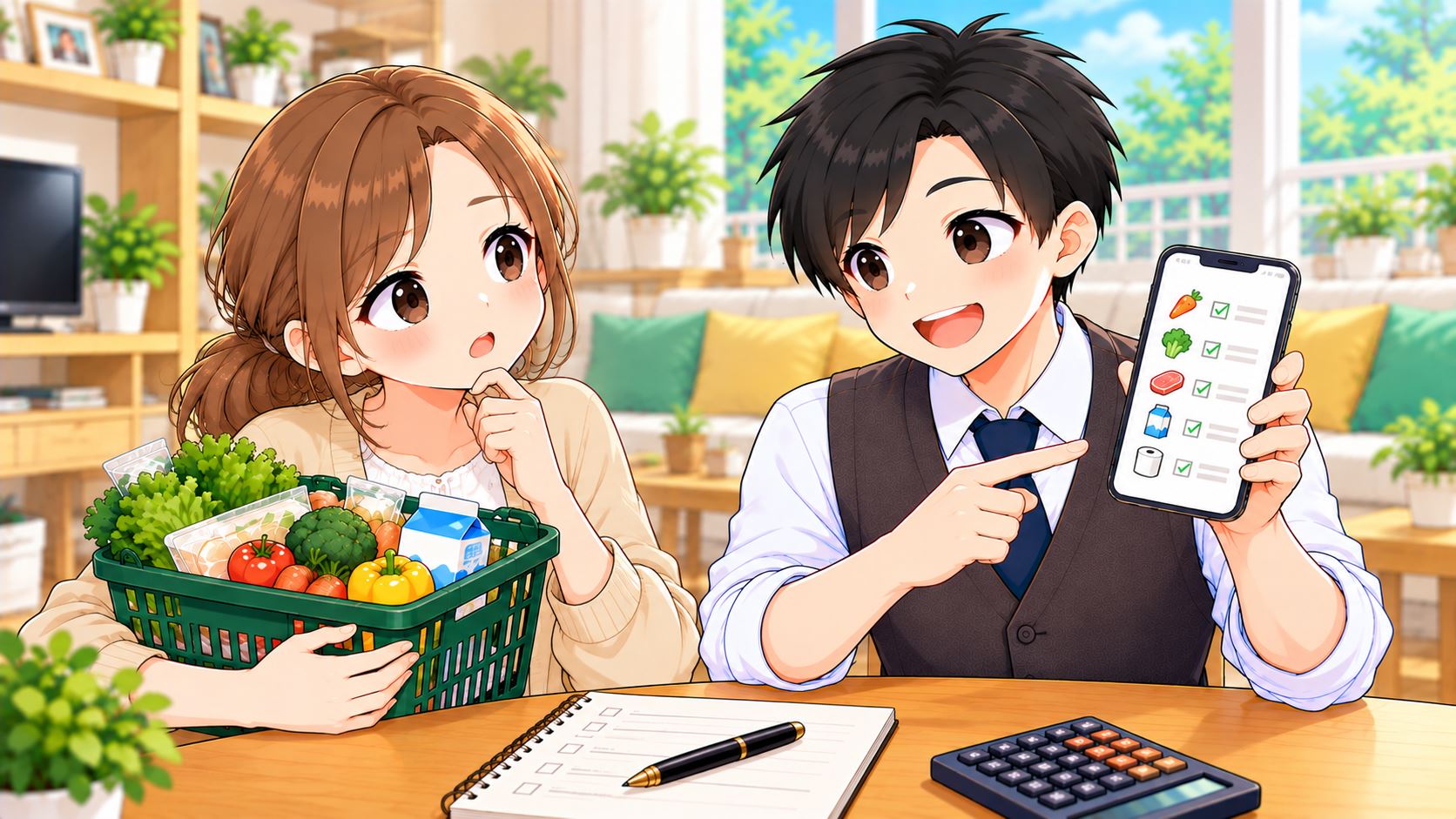 変動費の買い方を、ひなたに説明するともやんのイラスト