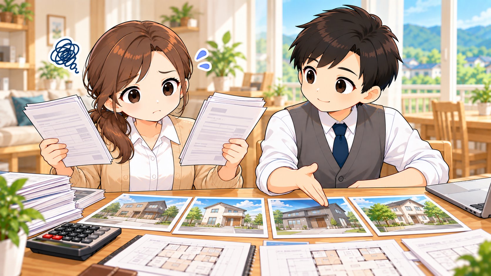 本体価格のほかにかかる費用に驚くひなたと、内訳を説明するともやんのイラスト
