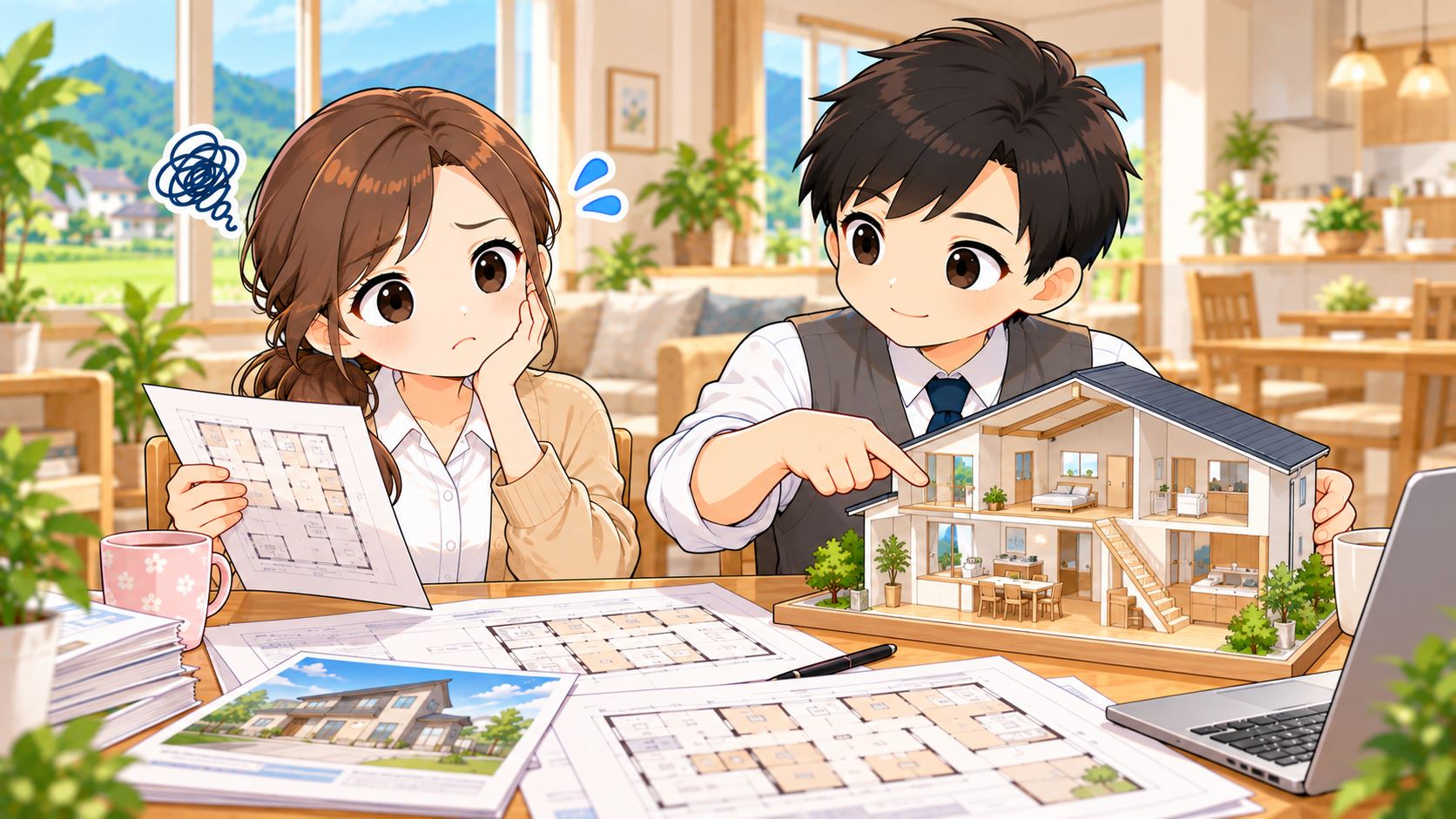 間取りの工夫を、図面で説明するともやんと、聞いているひなたのイラスト