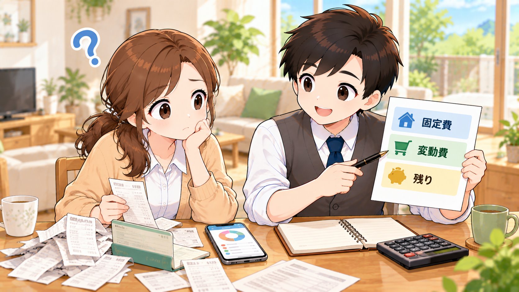 家計の見える化の手順を、ひなたに説明するともやんのイラスト