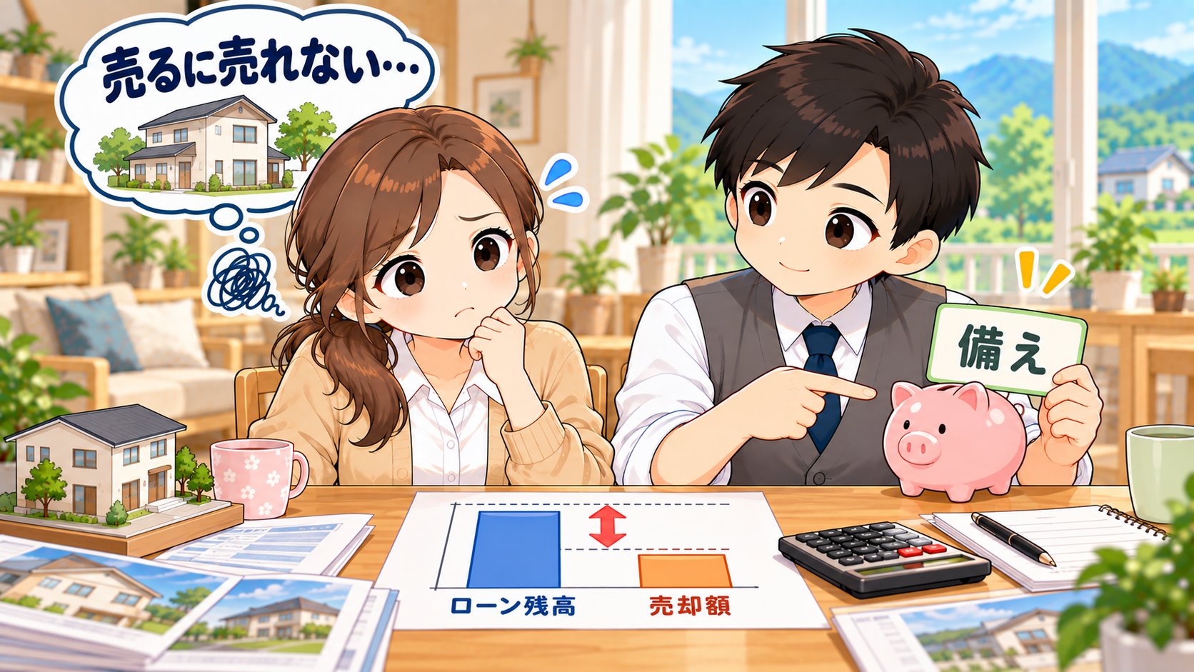 ローンの残りより売却額が低くて困るひなたと、備えを説明するともやんのイラスト
