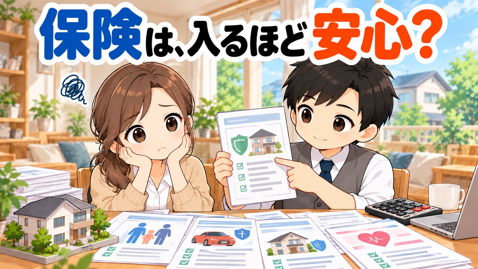 保険のパンフレットに囲まれて困るひなたと、書類を指さすともやんのイラスト