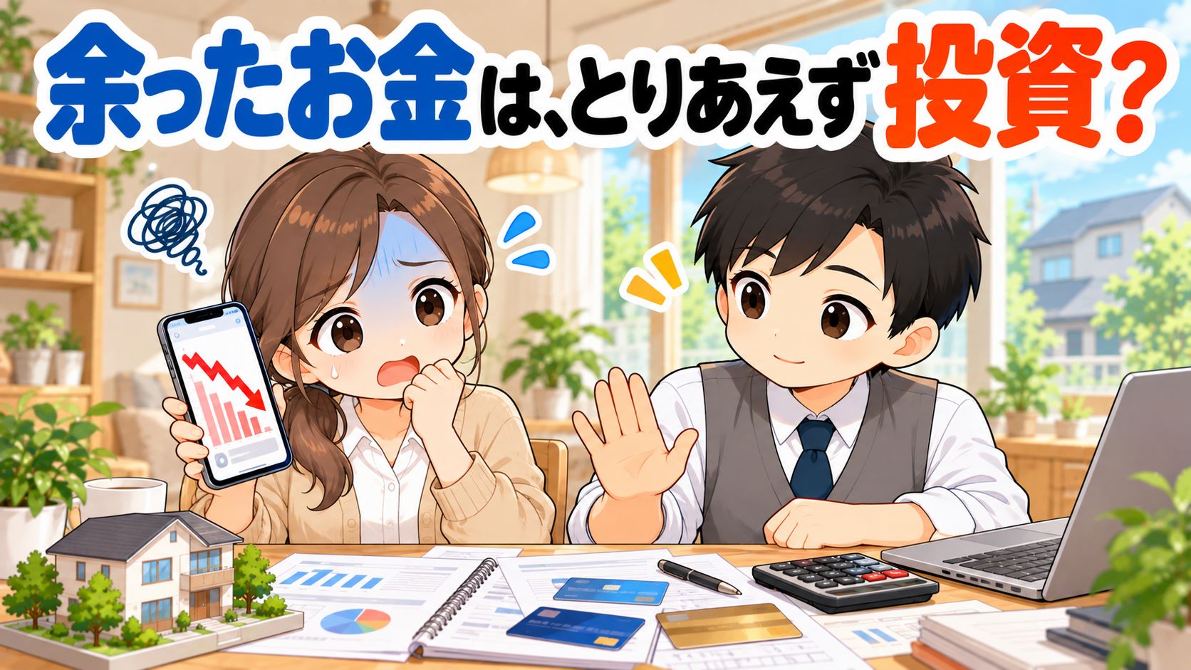 株価の下がったスマホを見て青ざめるひなたと、首を横に振るともやんのイラスト