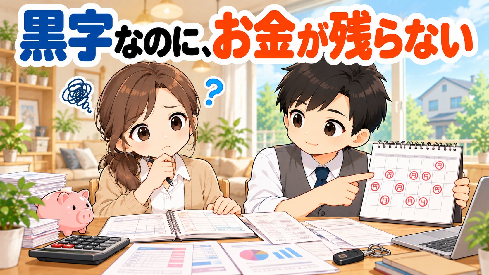 家計簿とカレンダーを見比べて首をかしげるひなたと、年払いの印を指さすともやんのイラスト