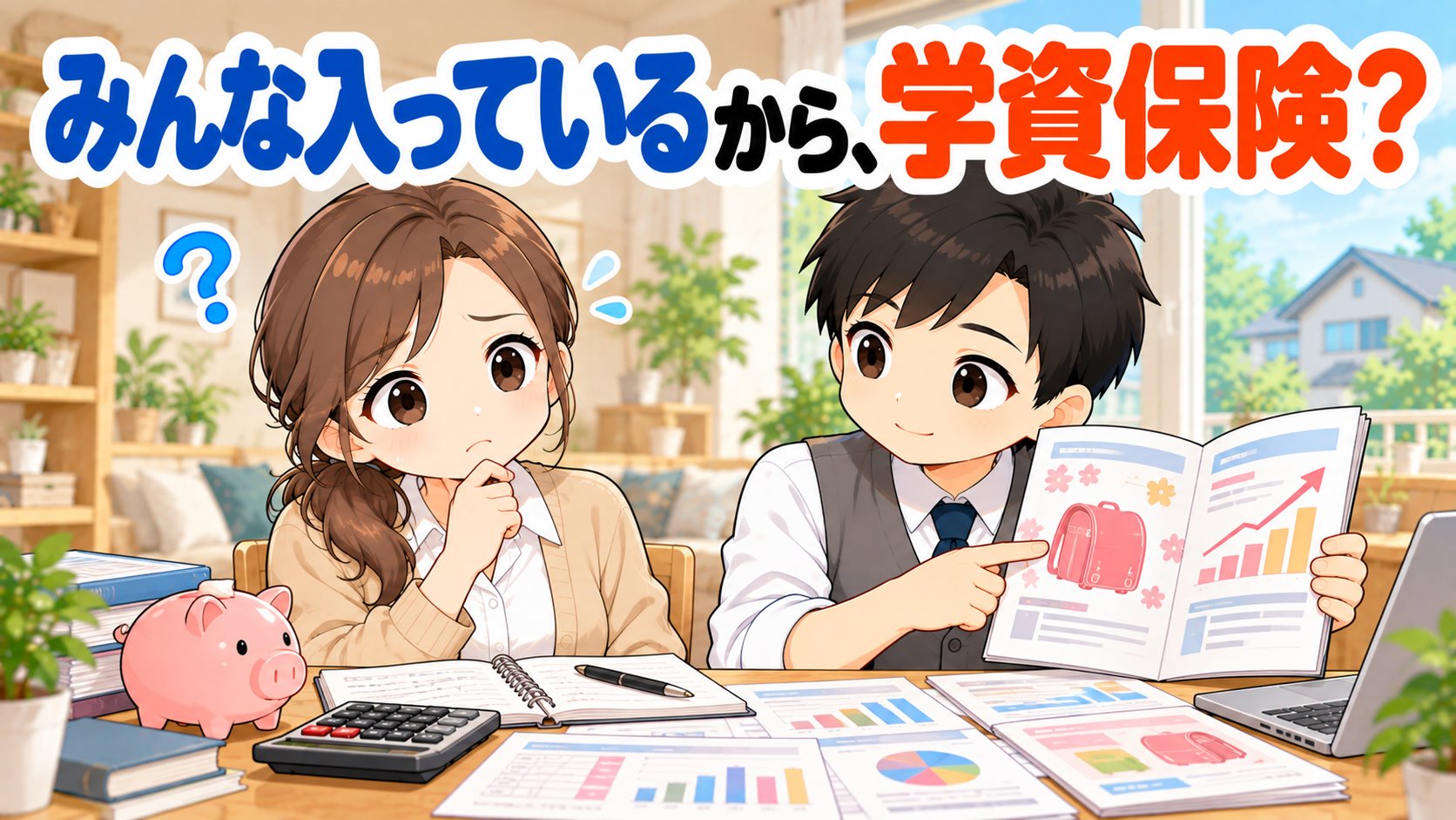 学資保険のパンフレットを見て考えこむひなたと、一か所を指さすともやんのイラスト