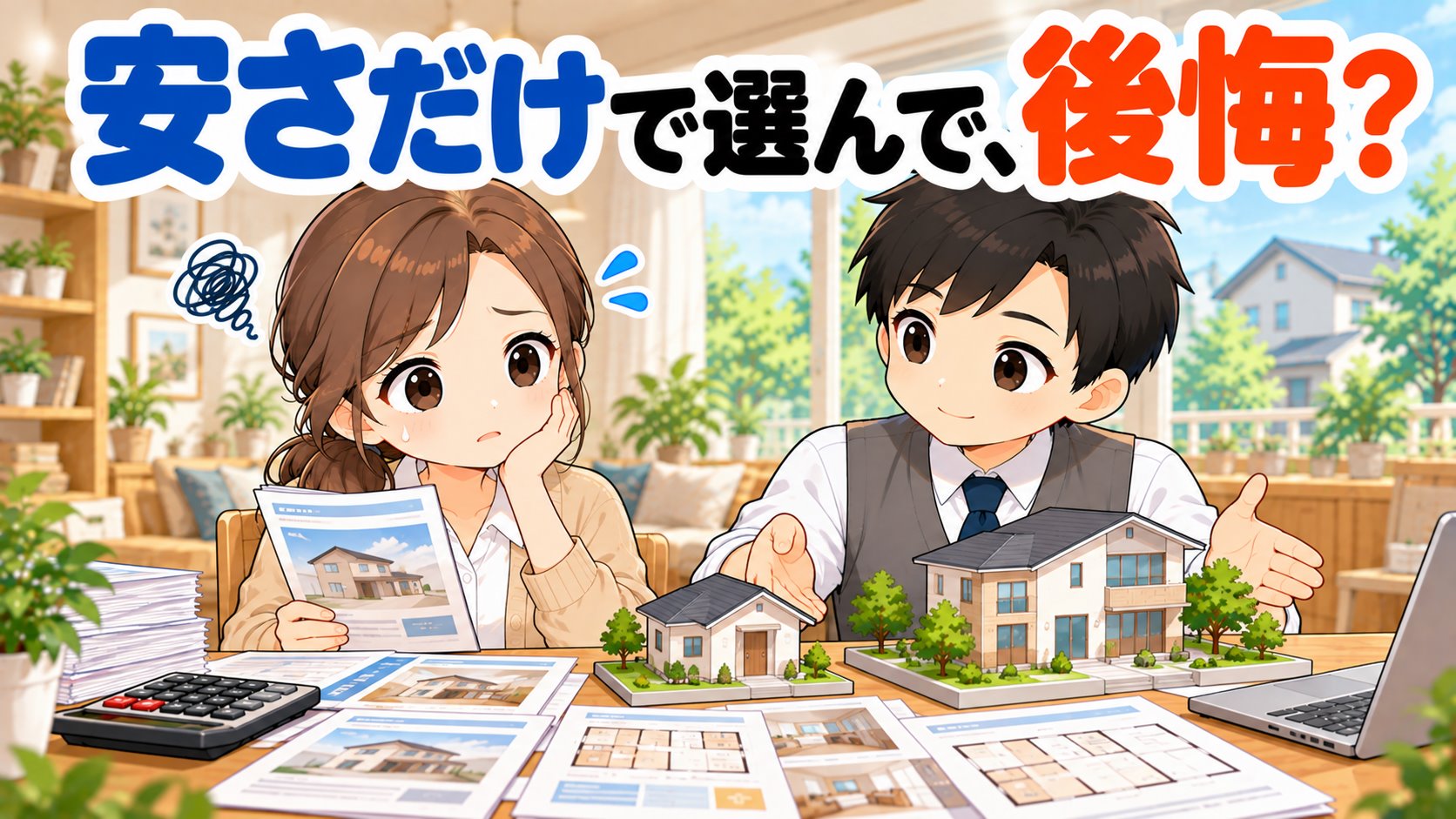2軒の家の模型と見積書を前に困るひなたと、見積書を指さすともやんのイラスト