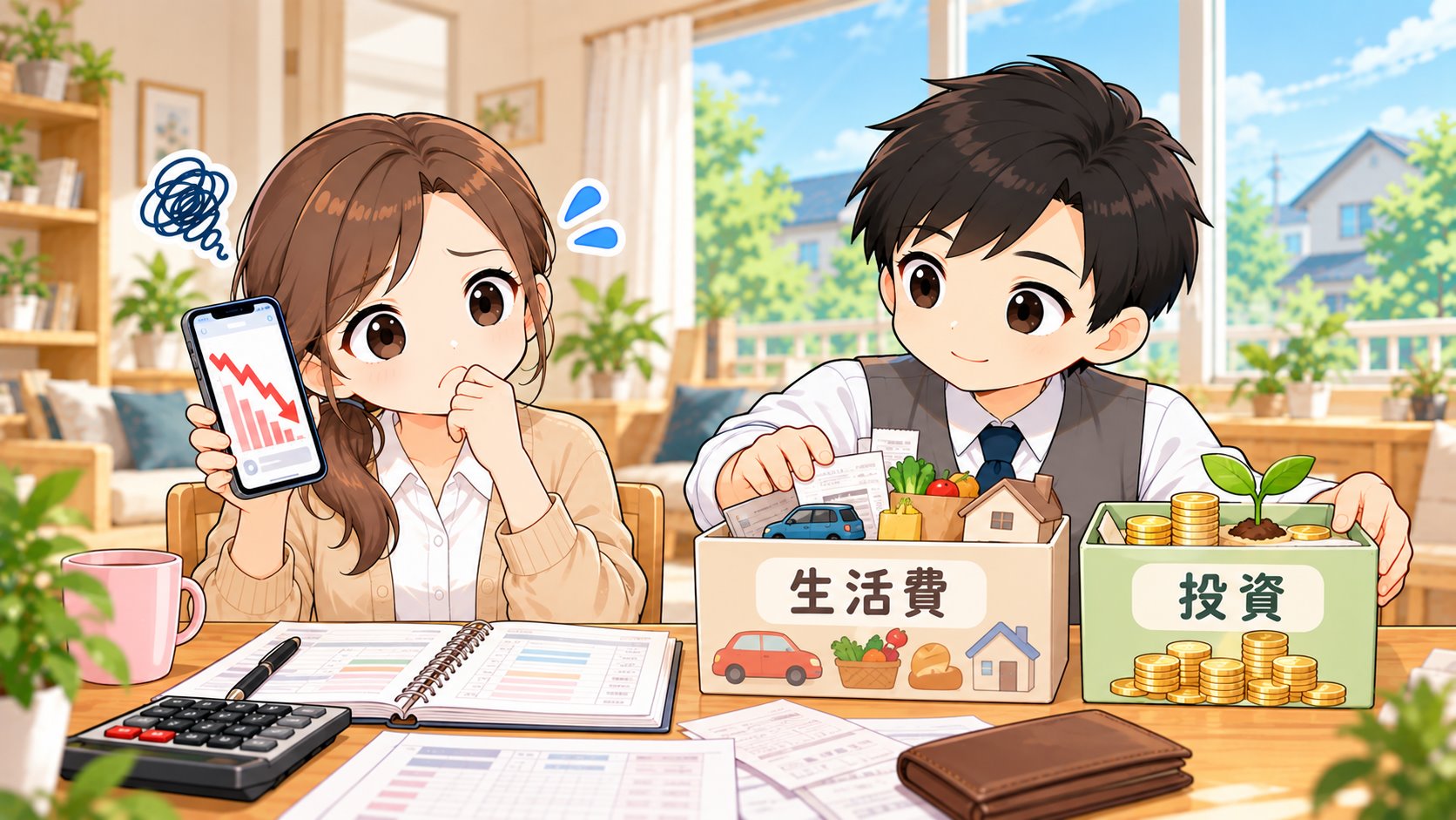 積立投資も支出に入れて赤字に見えて困るひなたに、生活費と投資の箱を分けて教えるともやんのイラスト